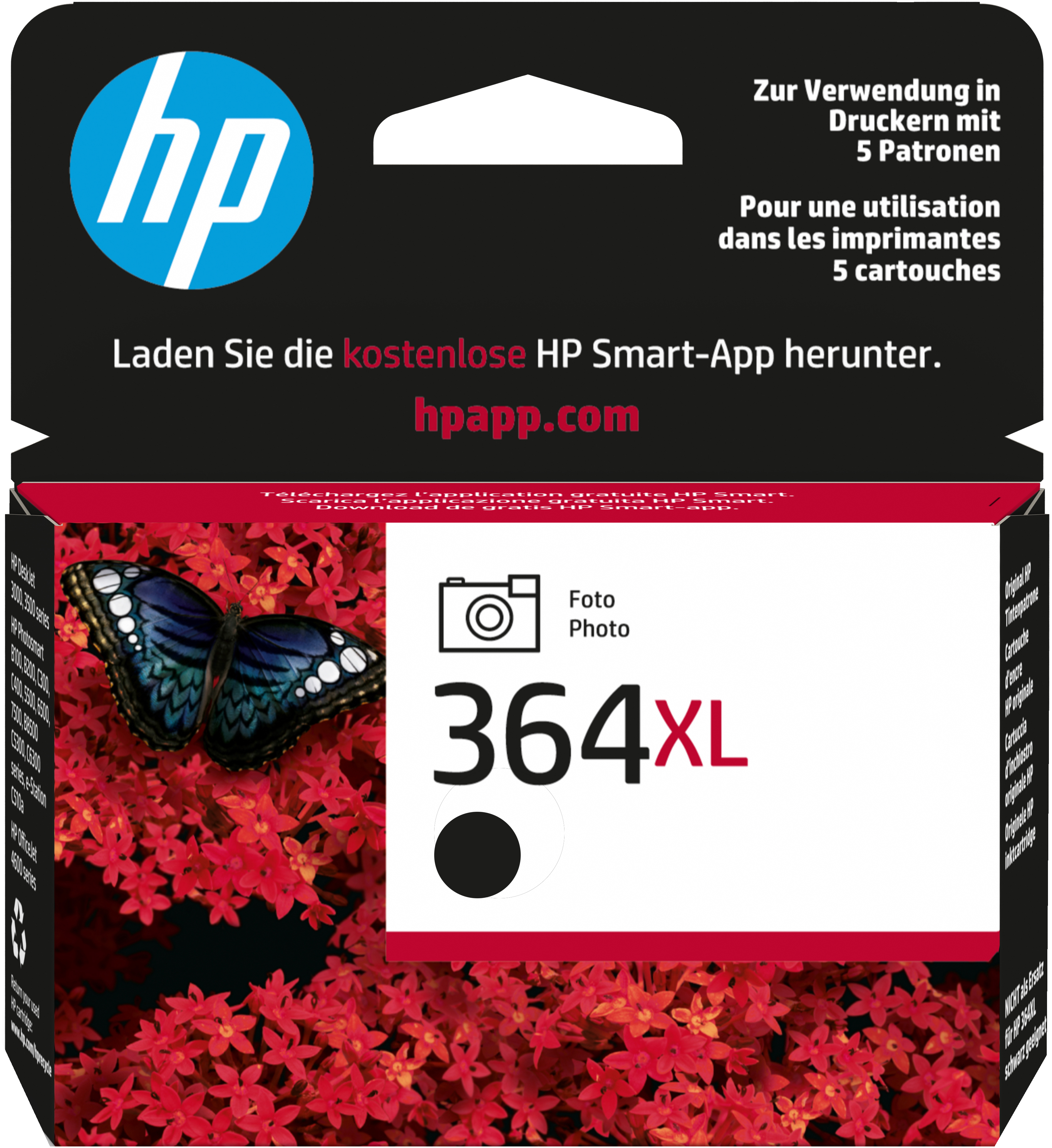 HP 364XL Tintenpatronenbox mit rotem Blumenhintergrund und einem Schmetterling.
