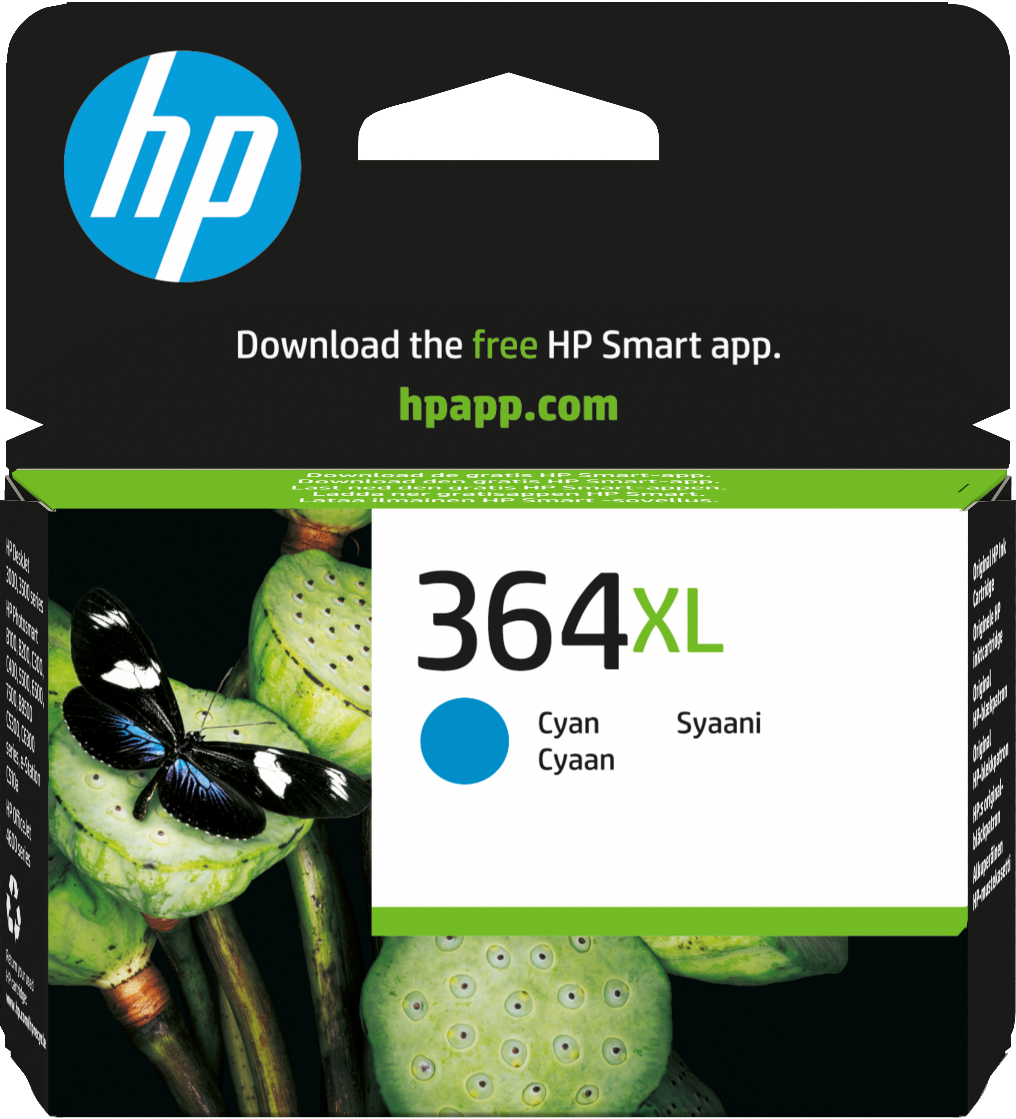 Una cartuccia di inchiostro ciano HP 364XL. Una farfalla è su un fiore di loto. La confezione è nera.