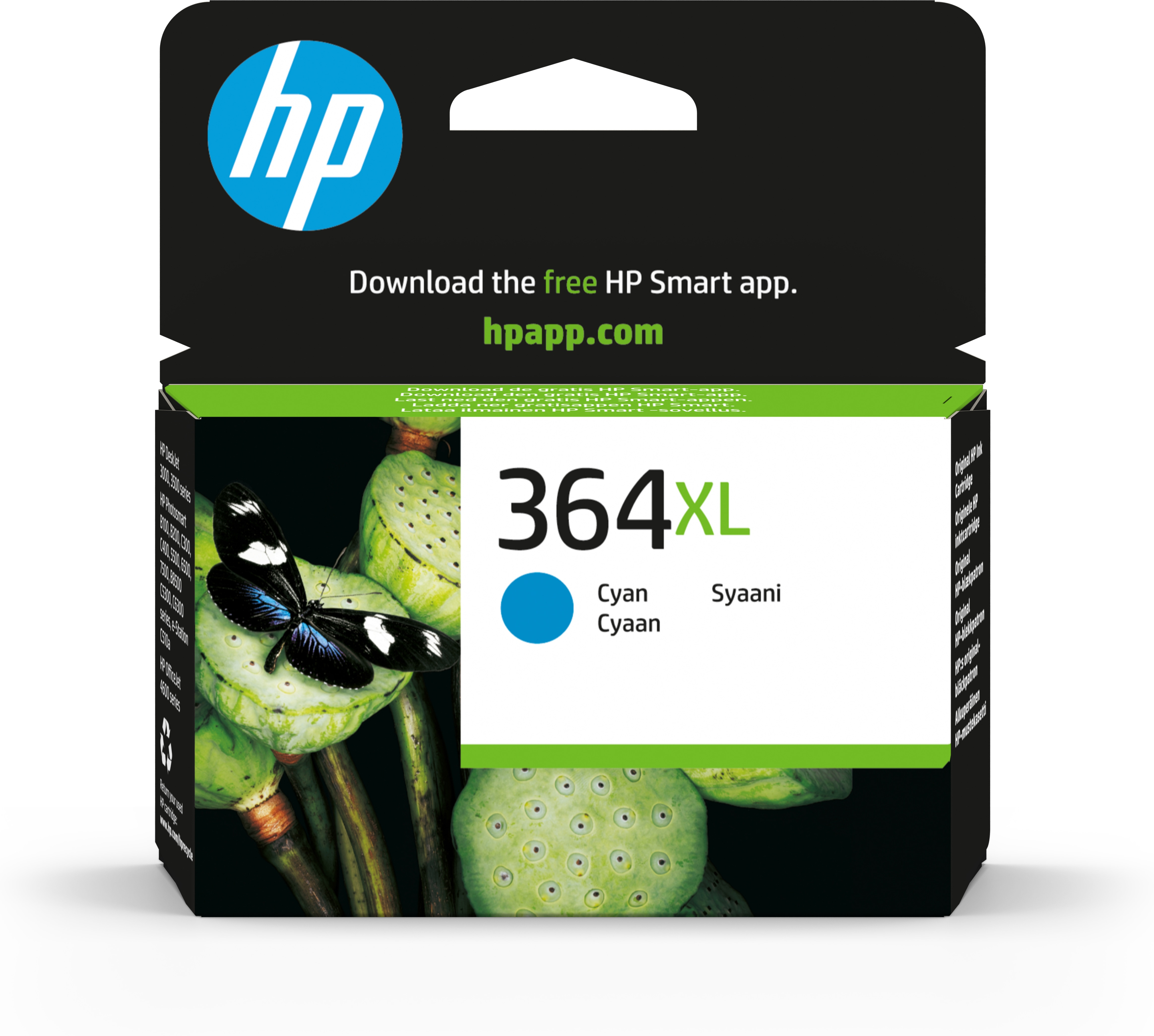 Una cartuccia di inchiostro ciano HP 364XL. Una farfalla è su un fiore di loto. La confezione è nera.