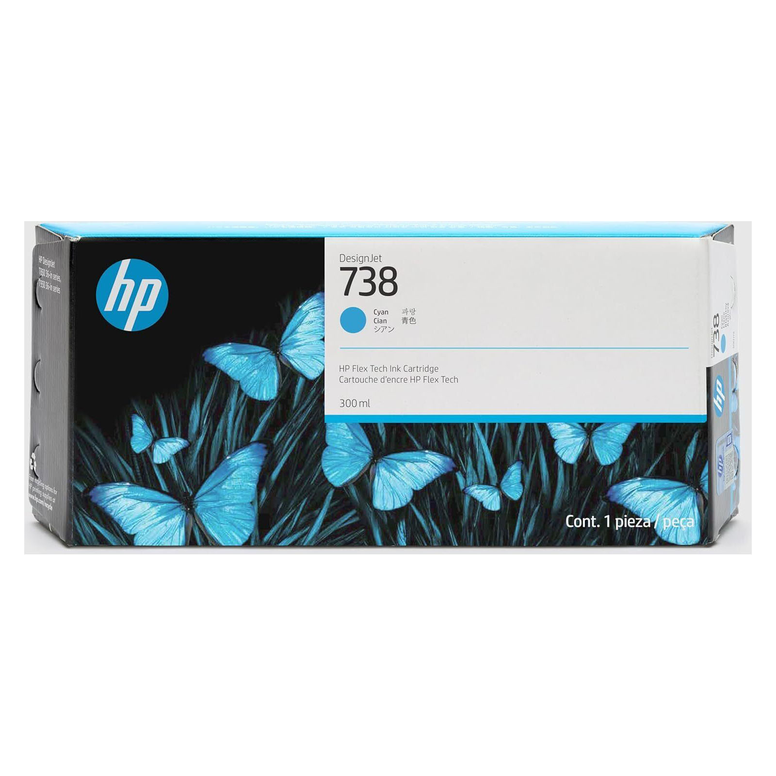 Scatola cartuccia inchiostro HP DesignJet 738 con punto inchiostro ciano e farfalle blu.