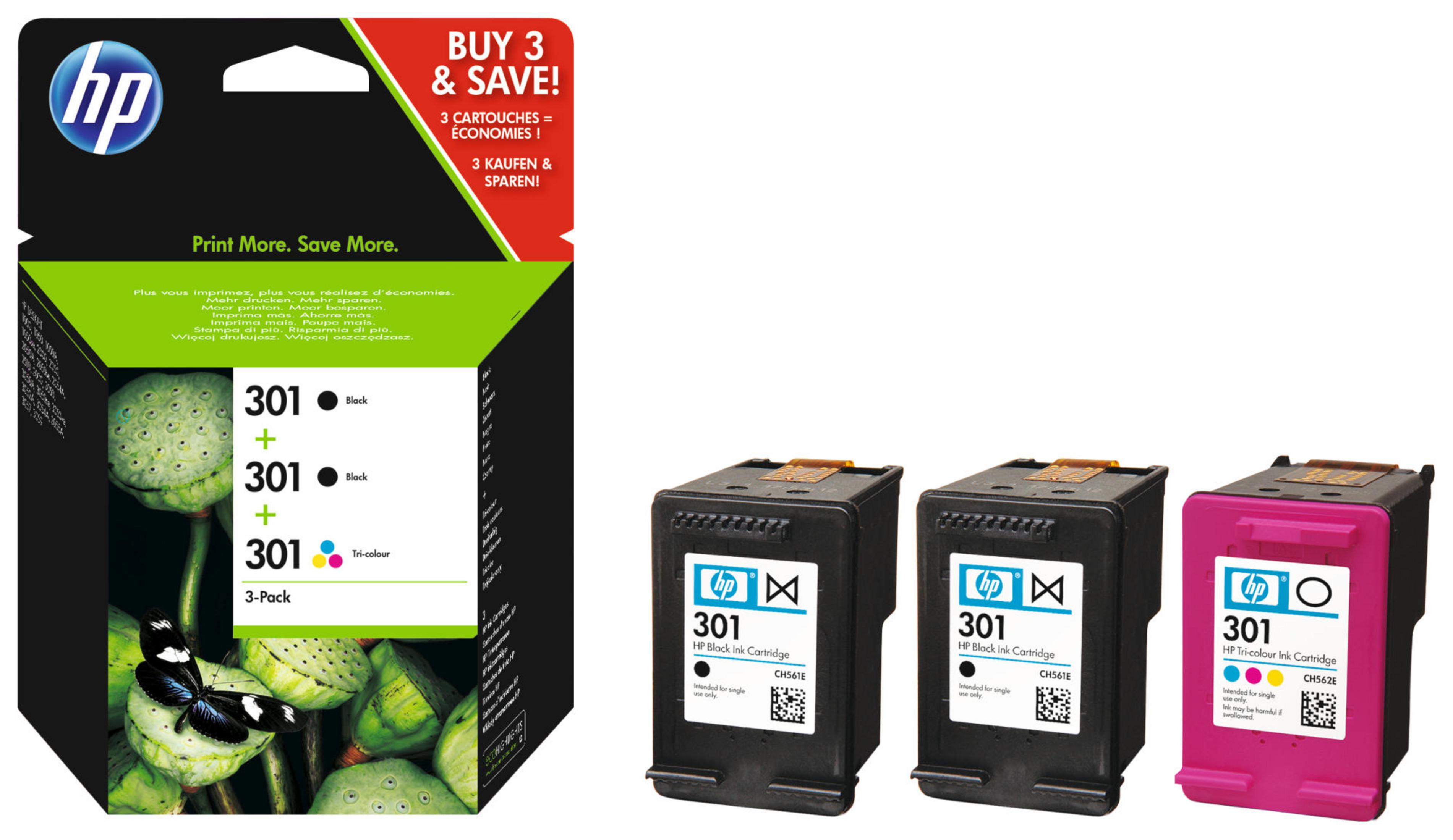 Cartuchos de tinta HP 301 y embalaje. Paquete de 3: negro, negro y tricolor. Incluye imagen de mariposa.