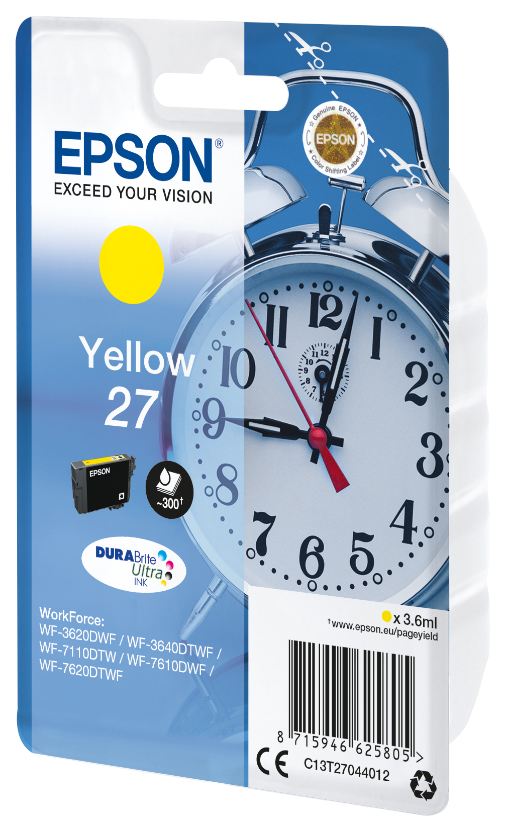Epson inktcartridge, gele inkt, met een klokachtergrond. De tijd is 12:02.