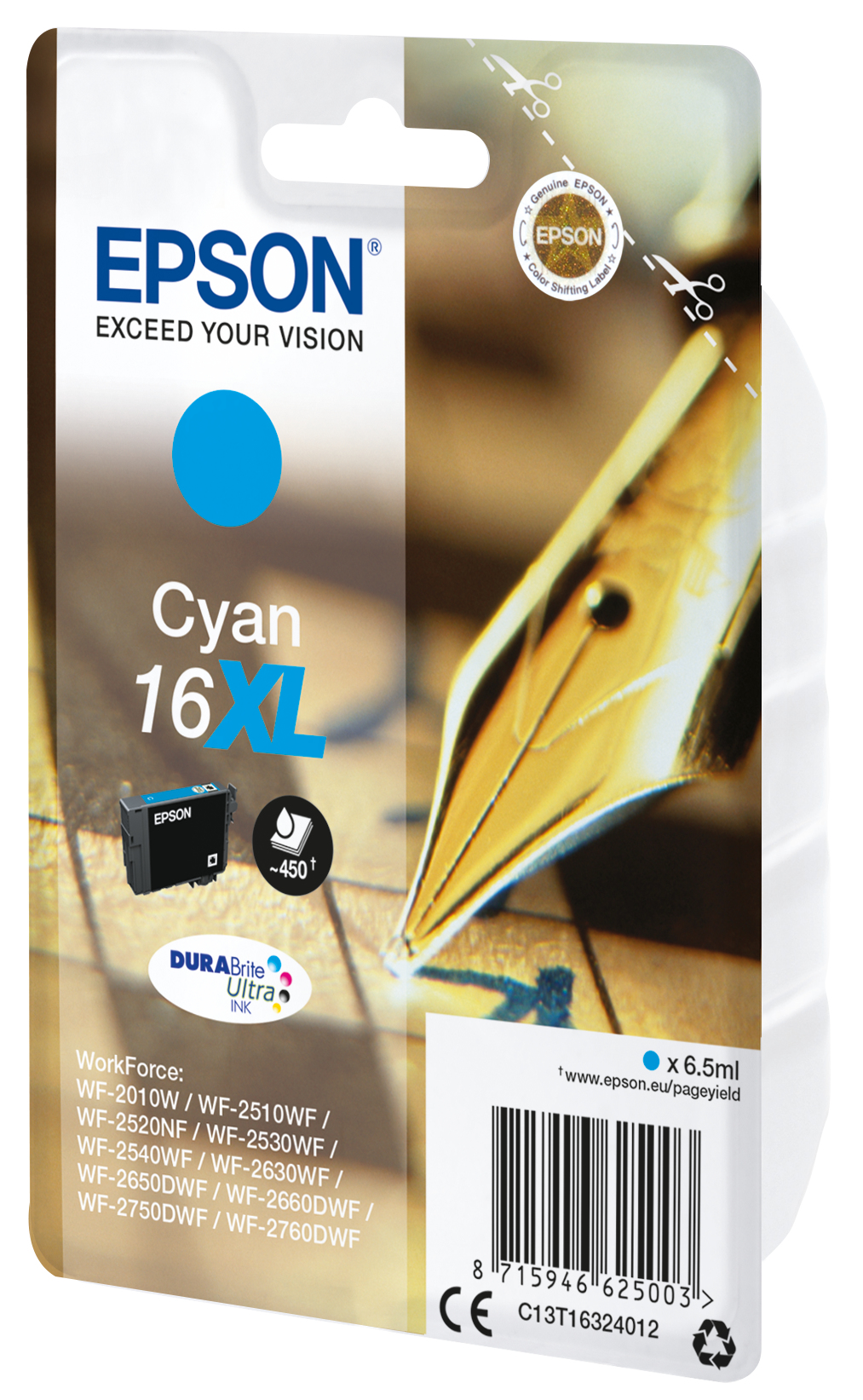Cartouche d'encre Epson, encre cyan, avec une image de stylo en arrière-plan. L'encre est Cyan 16 XL.
