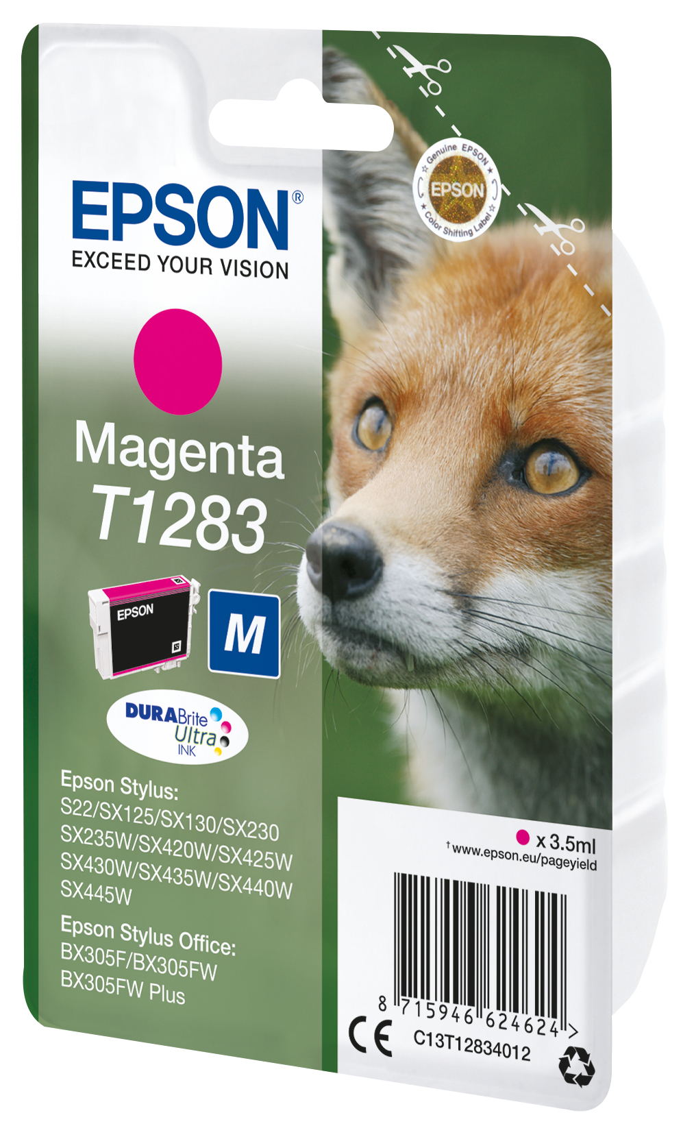 Wkład atramentowy Epson z wizerunkiem lisa. Atrament to Magenta T1283. Tło jest zielone.