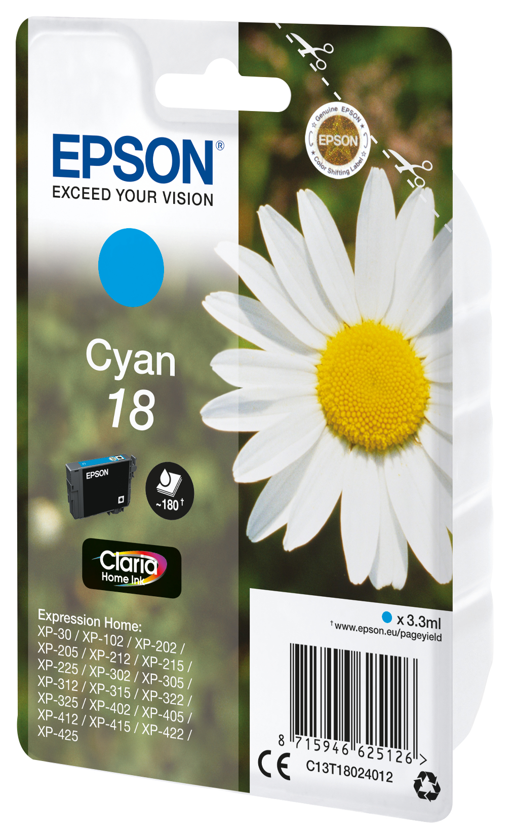Cartucho de tinta cian. Marca Epson. Contiene tinta Cyan 18. Gráfico de margarita en el embalaje.