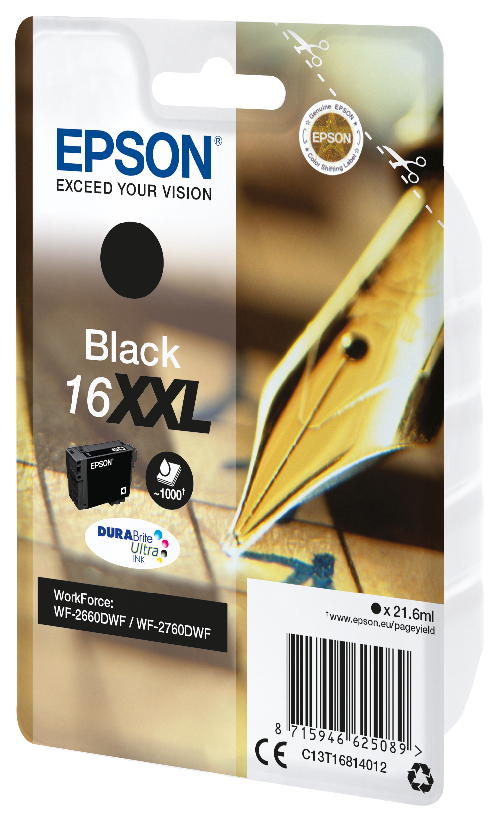 Cartucho de tinta negra. Marca Epson. Contiene tinta Black 16 XXL. Gráfico de pluma en el embalaje.