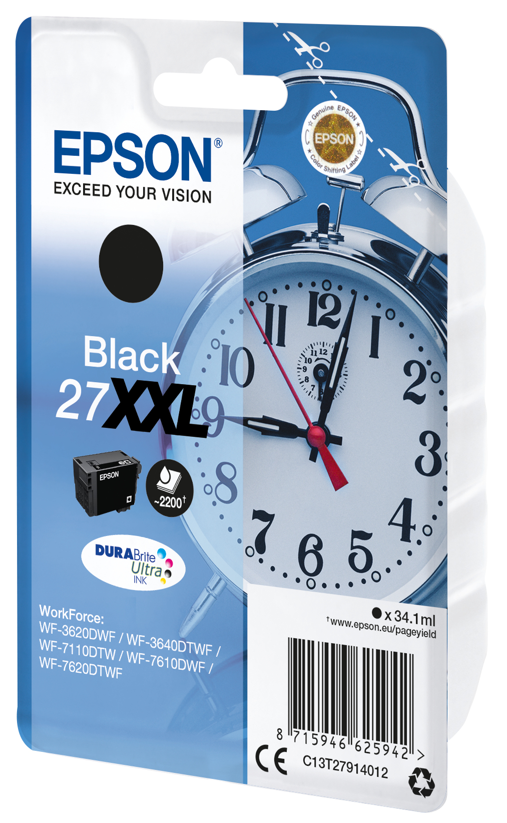 Epson inktcartridge met een klokachtergrond. Zwarte 27 XXL inkt wordt getoond.