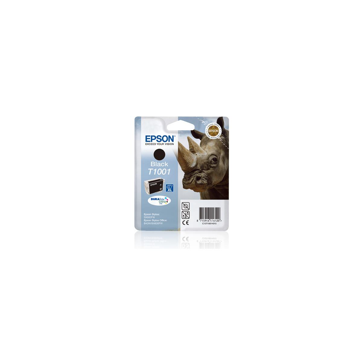 Schwarze Tintenpatrone. Marke Epson. Nashorn-Grafik auf Verpackung.