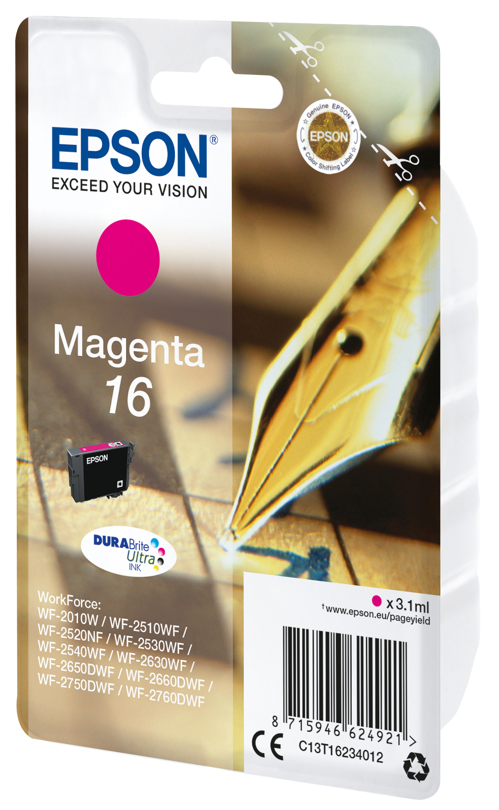 Epson inktcartridge met een pen afbeelding. Magenta 16 inkt wordt getoond. De achtergrond is een bureau.