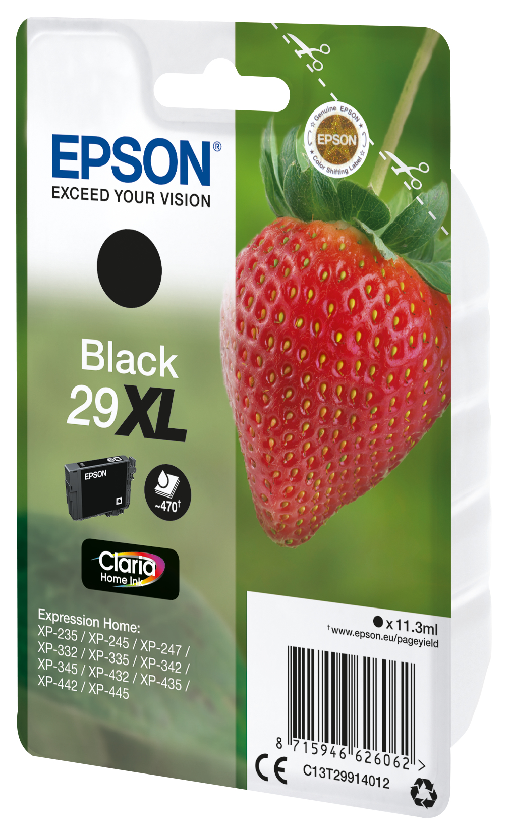 Cartouche d'encre noire Epson. Fraise en arrière-plan.