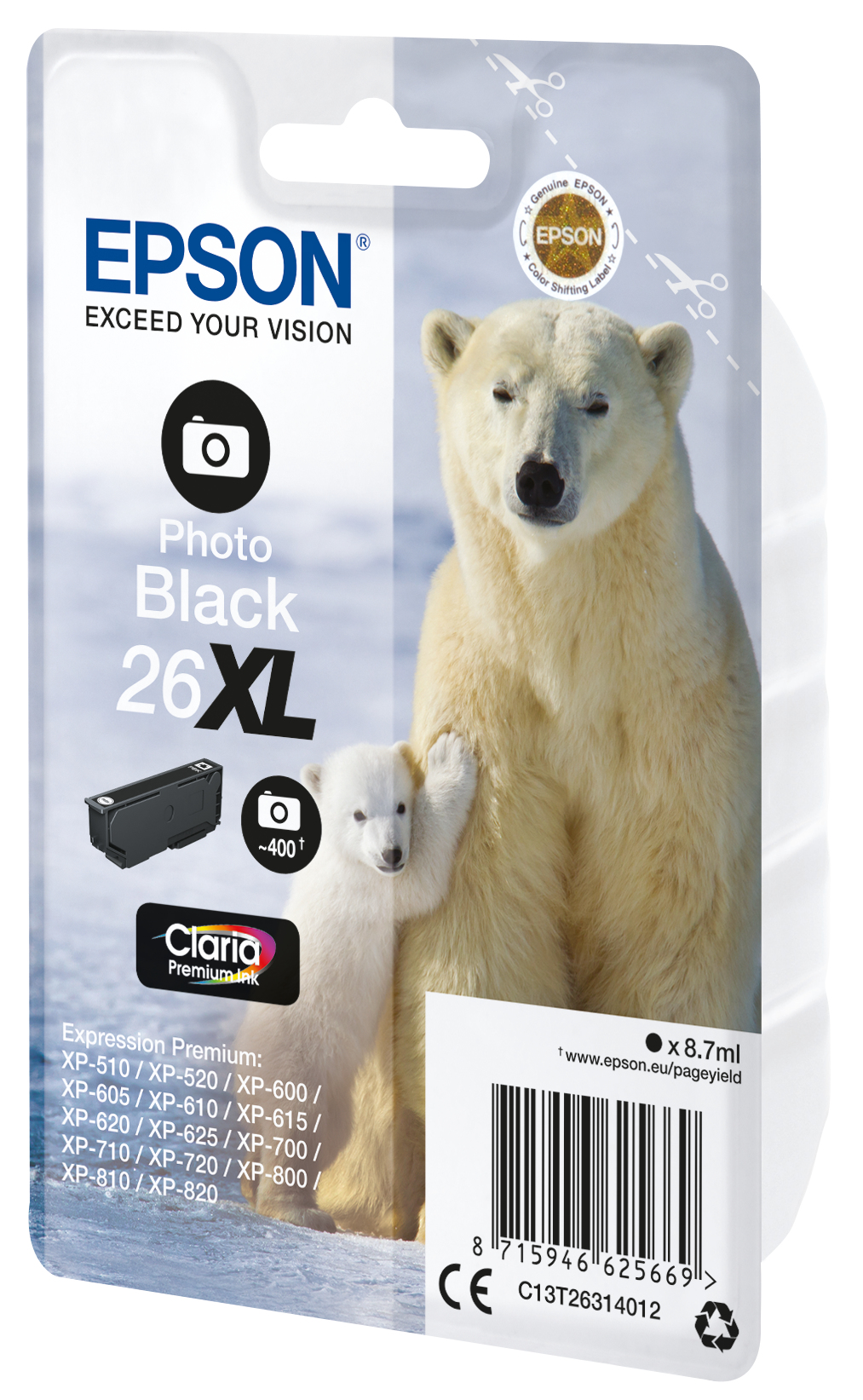 Tinta Epson Photo Black, 26XL, con osos polares. Contiene un cartucho de tinta negra.