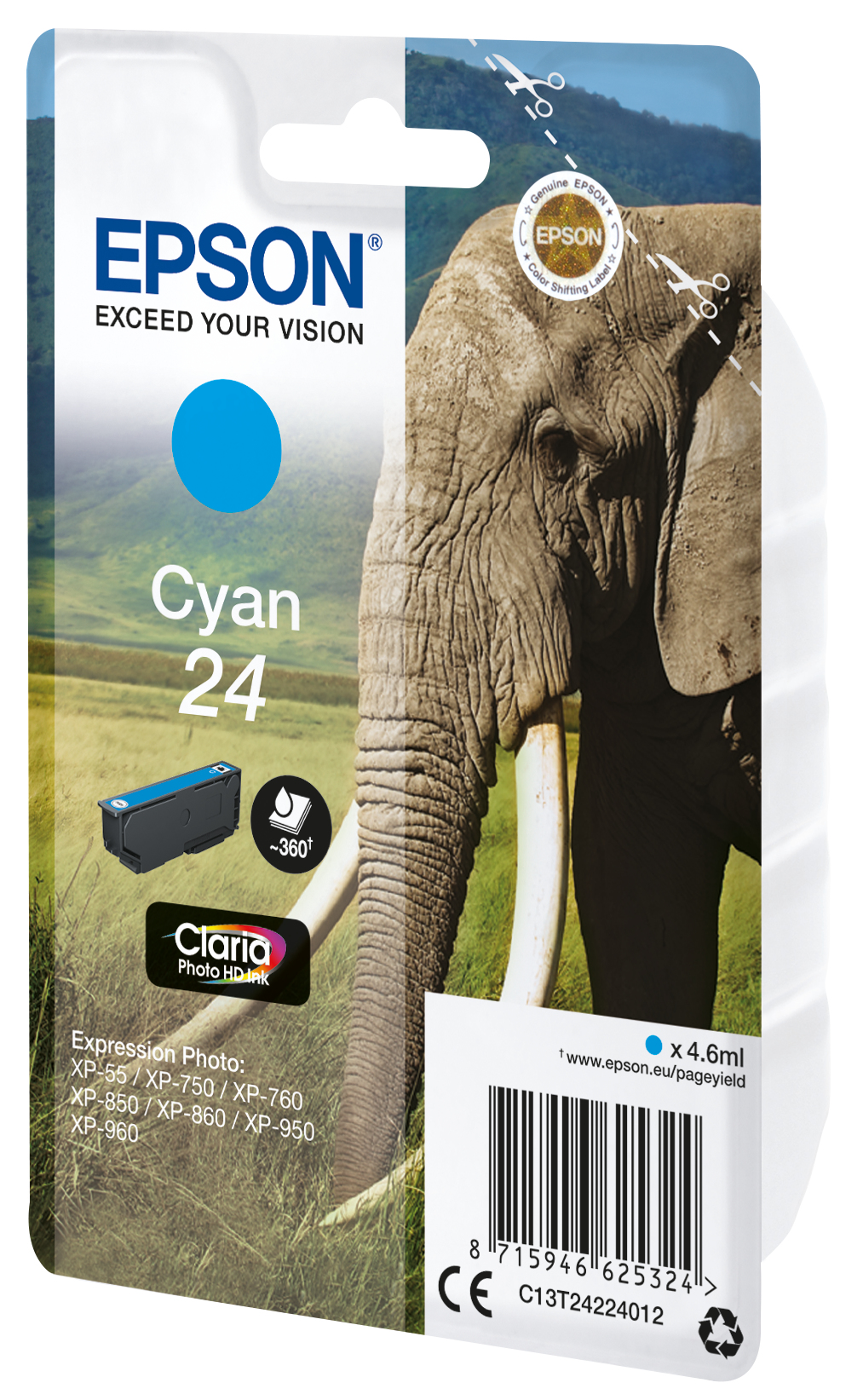 Cartuccia inchiostro Epson Cyan, 24, con elefante. Include una cartuccia ciano.