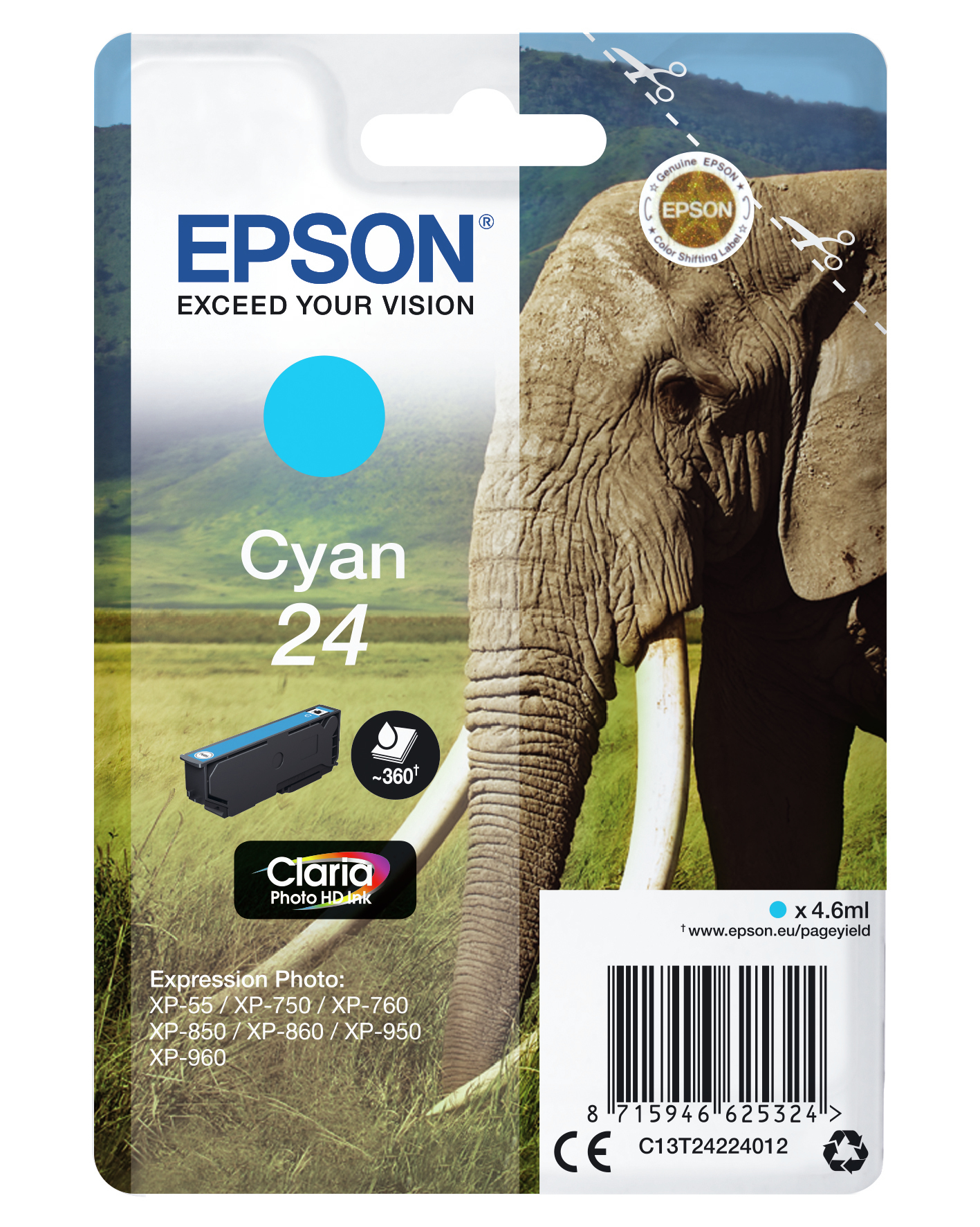 Cartuccia inchiostro Epson Cyan, 24, con elefante. Contiene una cartuccia ciano.