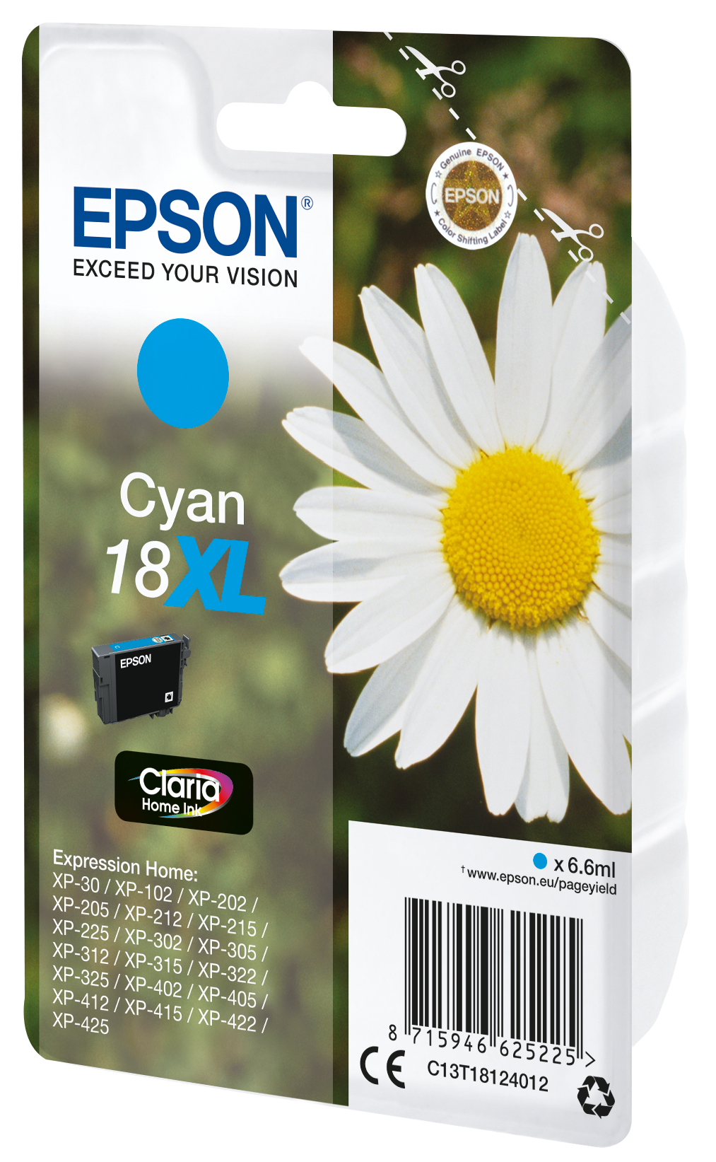 Wkład atramentowy Epson Cyan, 18XL, ze stokrotką. Zawiera wkład cyjanowy.