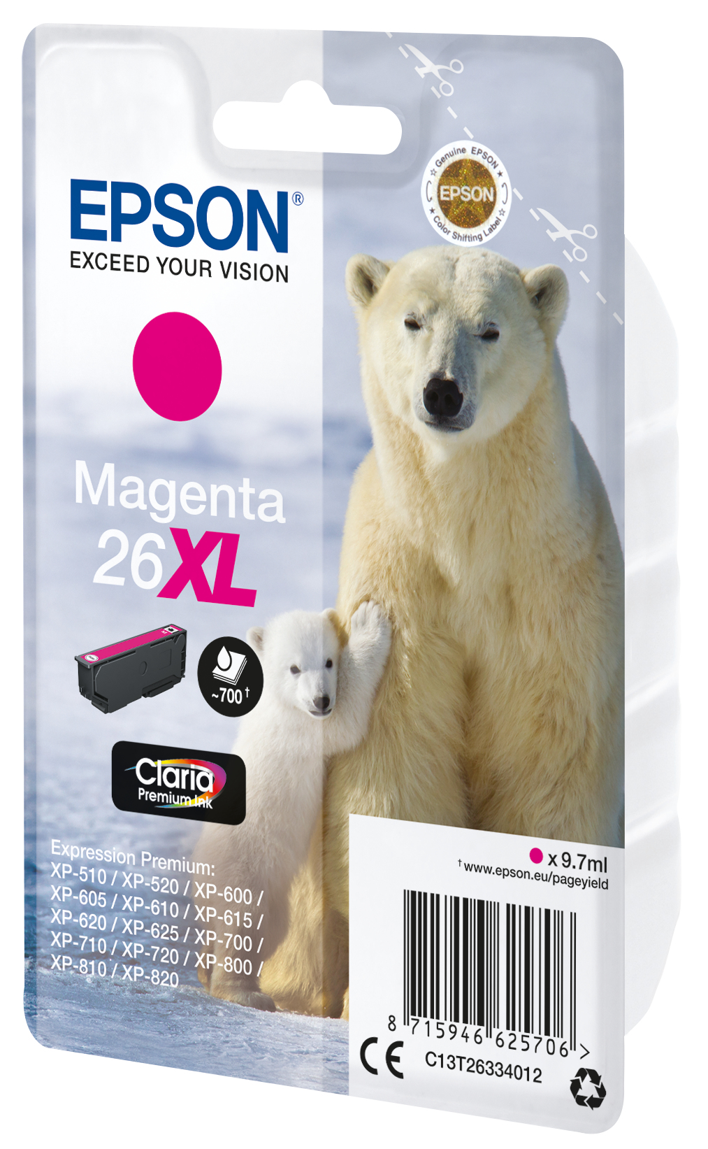 Cartucho de tinta Epson Magenta, 26XL, con osos polares. Contiene magenta.
