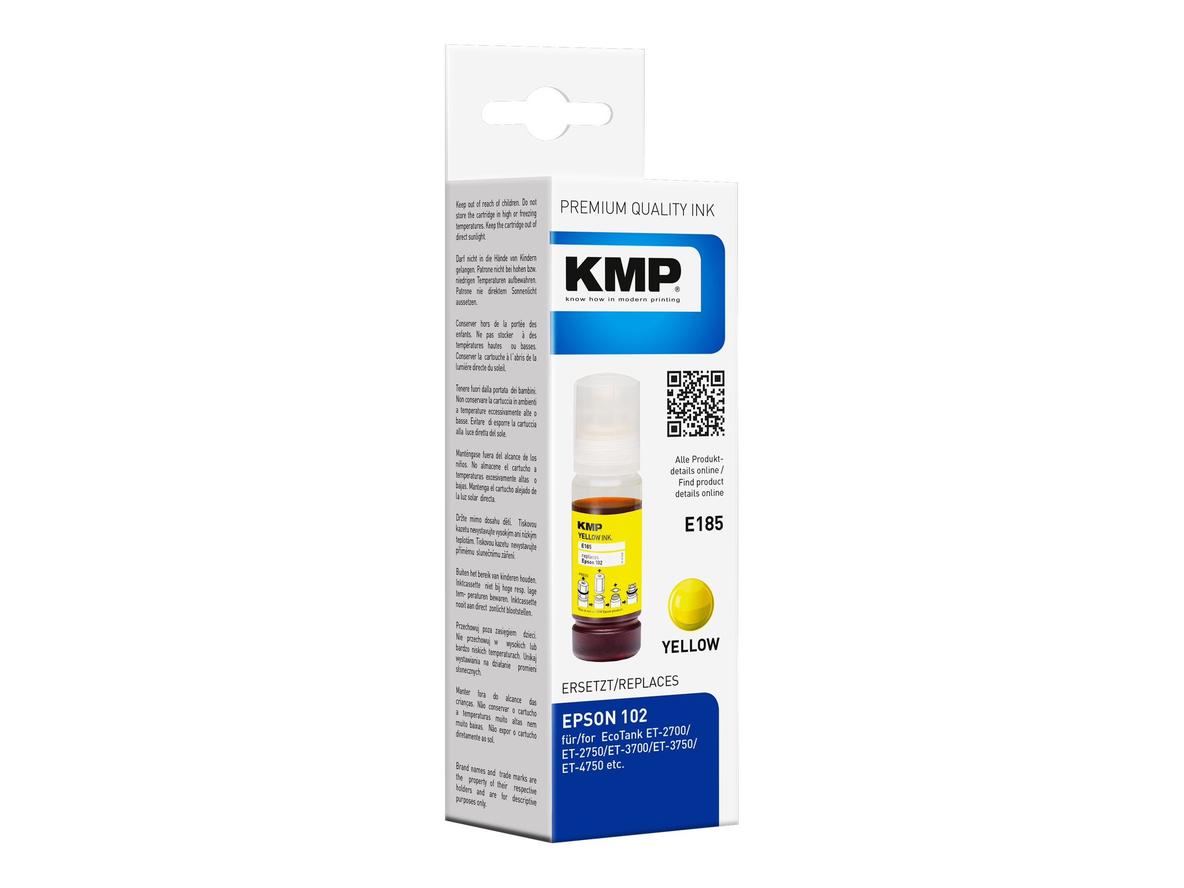 Flacone di inchiostro giallo di KMP. Imballaggio bianco e blu. Inchiostro giallo visibile.