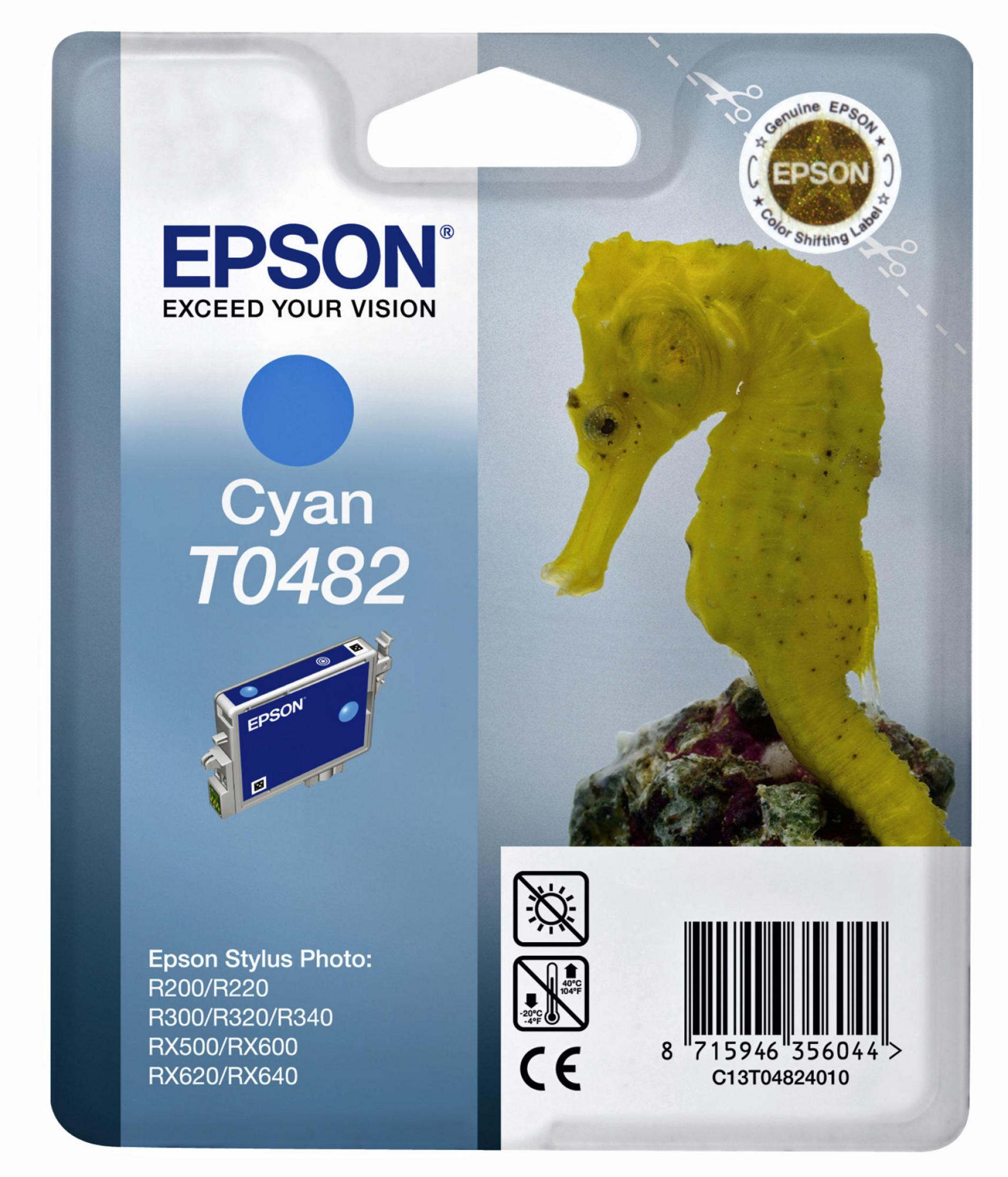 Cyan Epson Tintenpackung mit gelbem Seepferdchen rechts. Blaue Tintenpatrone links.