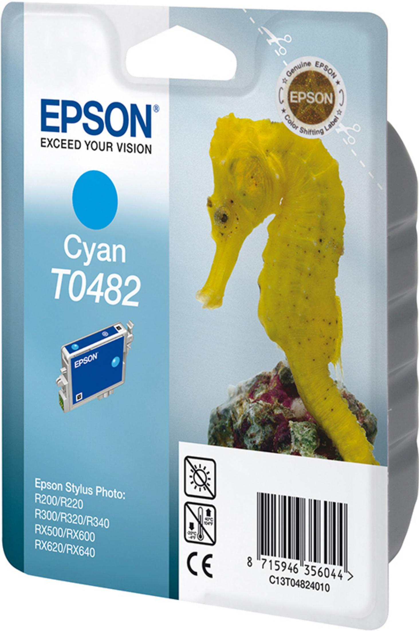 Cyan Epson Tintenpackung mit gelbem Seepferdchen rechts. Blaue Tintenpatrone links.