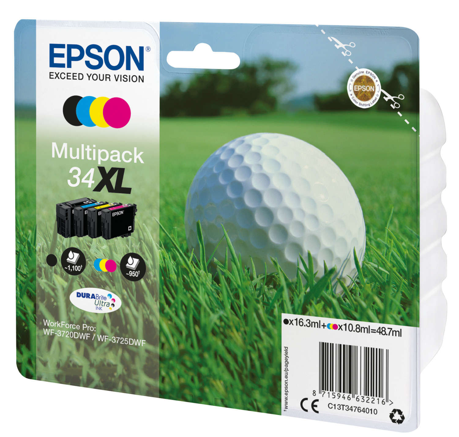 Cartouches d'encre Epson multipack avec une balle de golf sur l'herbe.