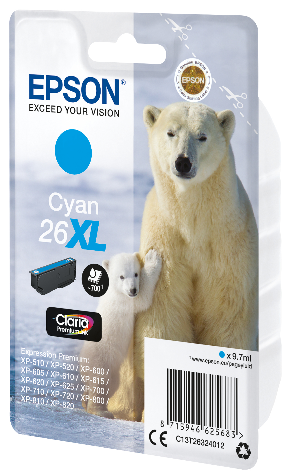 Paquete de cartucho de tinta Epson. Una familia de osos polares está junto a las palabras Cyan 26 XL.