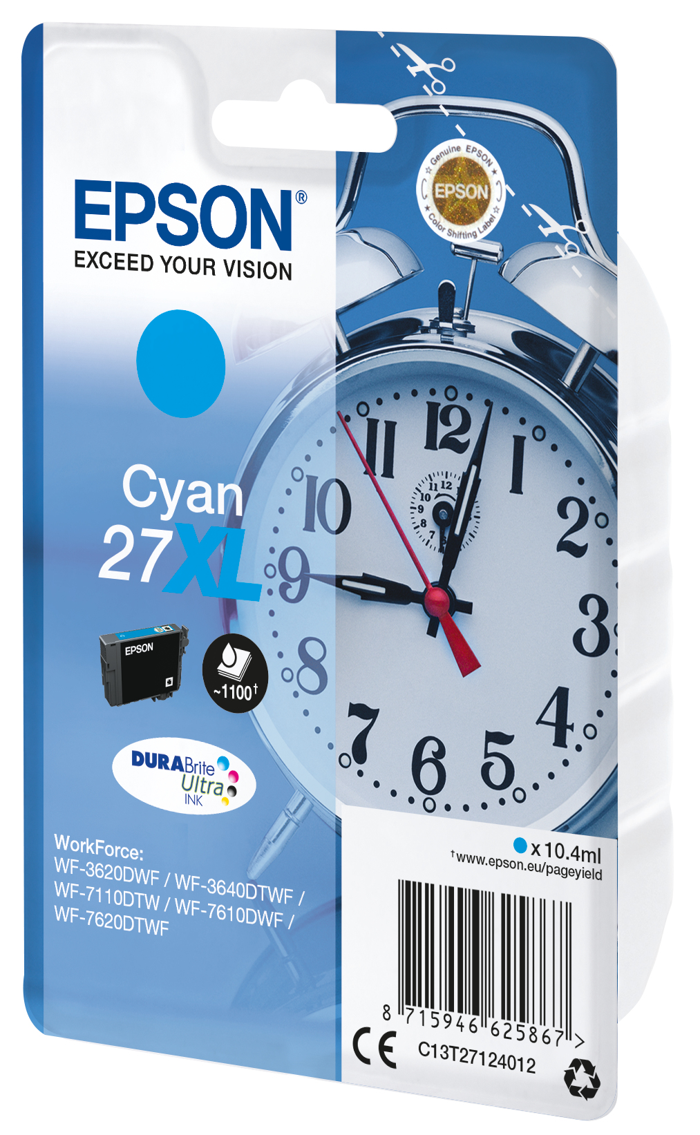 Emballage de cartouche d'encre Epson Cyan 27XL. Comporte un graphique de cadran d'horloge. Cercle d'encre bleu présent.