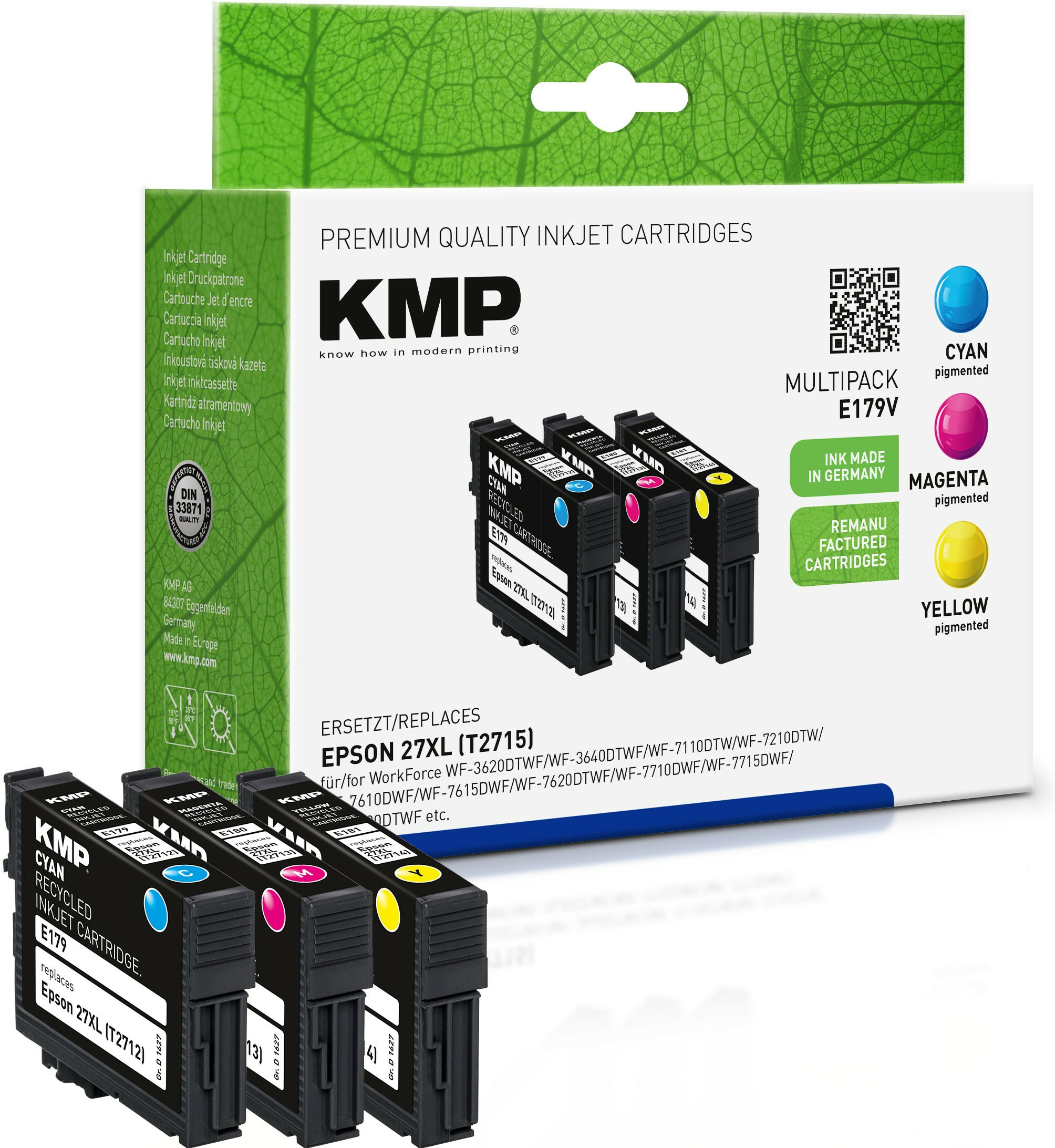 Scatola cartucce inchiostro KMP. Cartucce ciano, magenta e gialle visibili. Testo 'Made in Germany' presente.