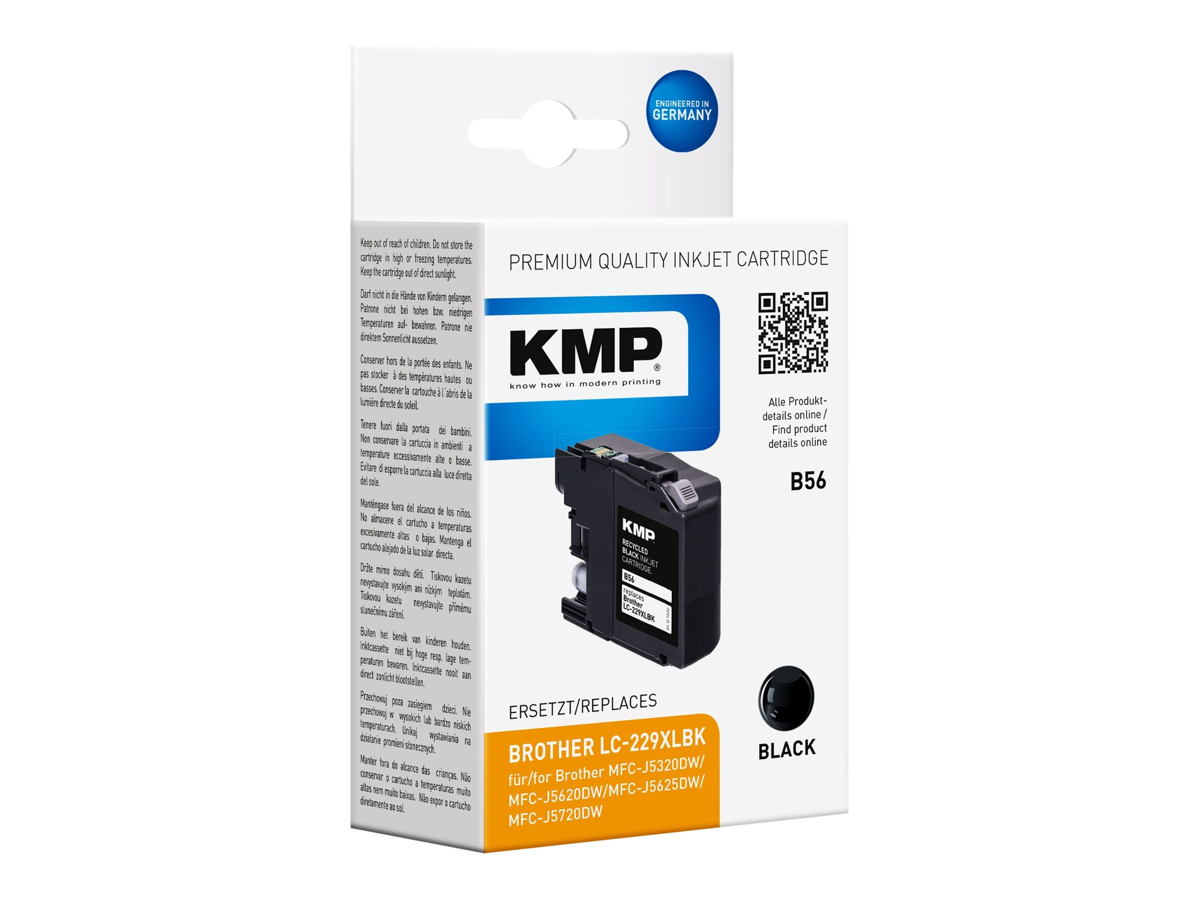 Scatola cartuccia inchiostro KMP, inchiostro nero. Contiene inchiostro nero per stampanti. Testo e marchio sulla scatola.