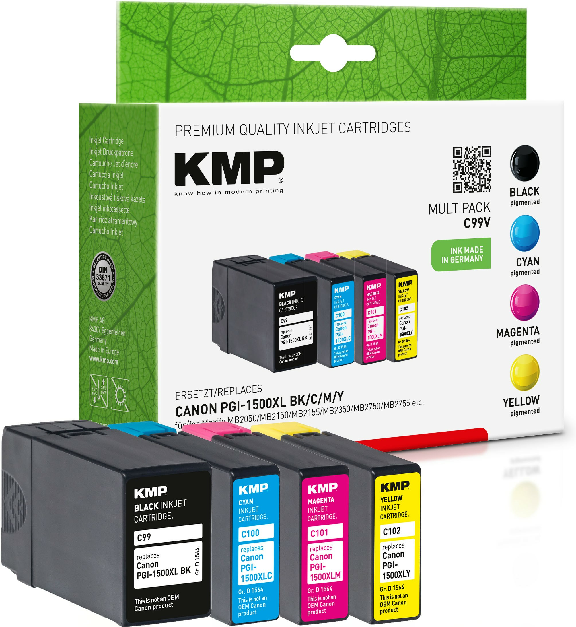 Multipack cartucce inkjet KMP. Cartucce nere, ciano, magenta e gialle. Sfondo bianco.