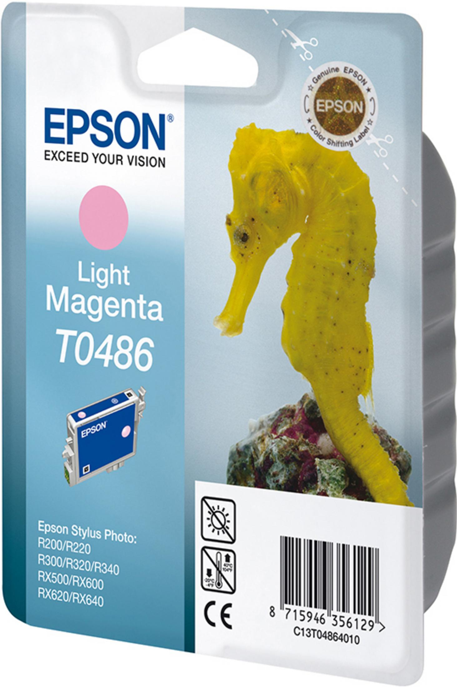 Epson Tintenpatronenverpackung. Ein gelbes Seepferdchen befindet sich neben den Worten Light Magenta T0486.