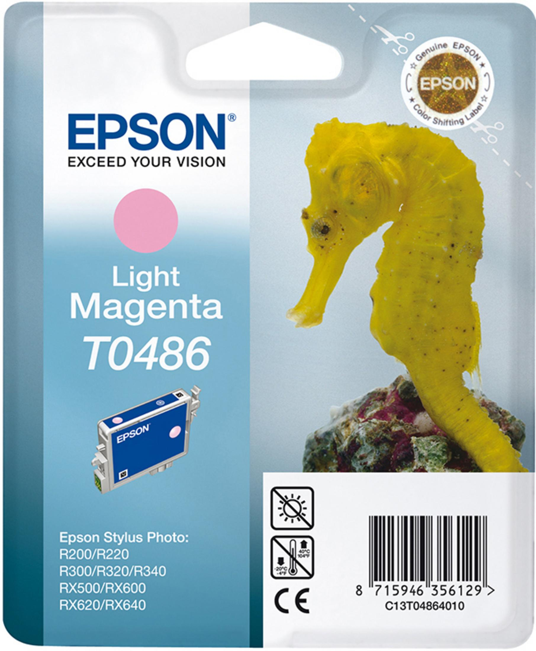 Epson Tintenpatronenpackung mit Seepferdchen Hintergrund. Helle magenta Tinte in kleiner Patrone.