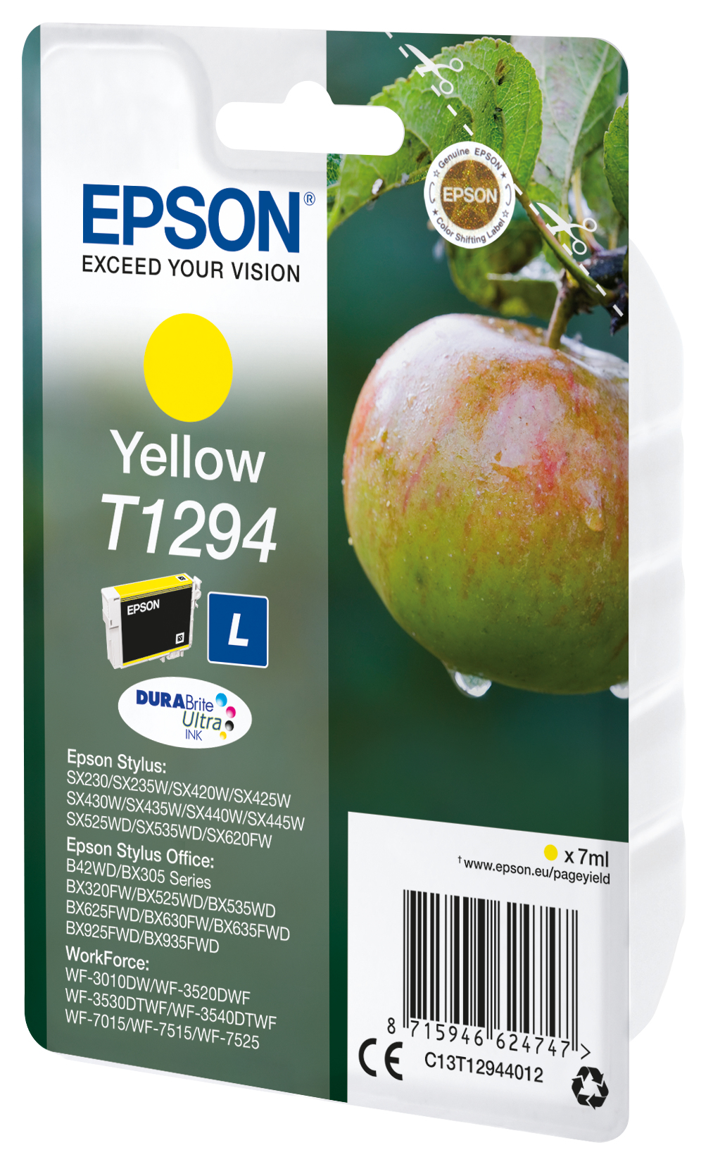 Epson inktcartridge verpakking. Een gele appel staat naast de woorden Yellow T1294.