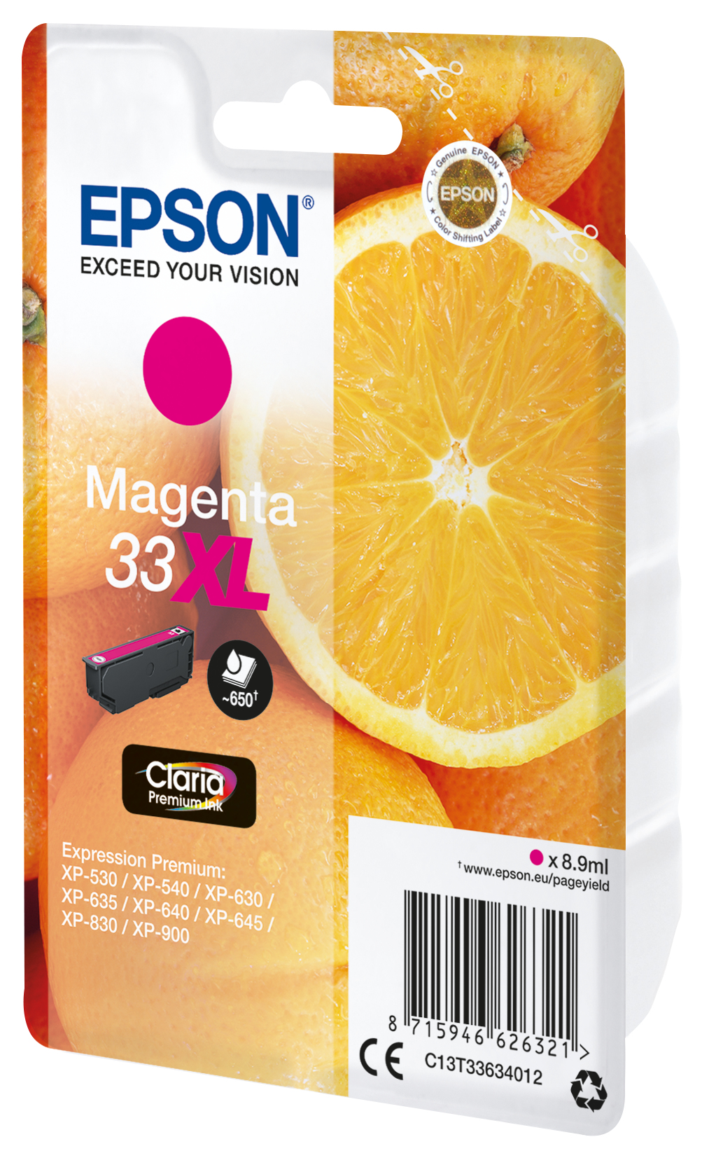 Epson Tintenpatronenverpackung mit Orangenscheiben. Die Worte lauten Magenta 33 XL.