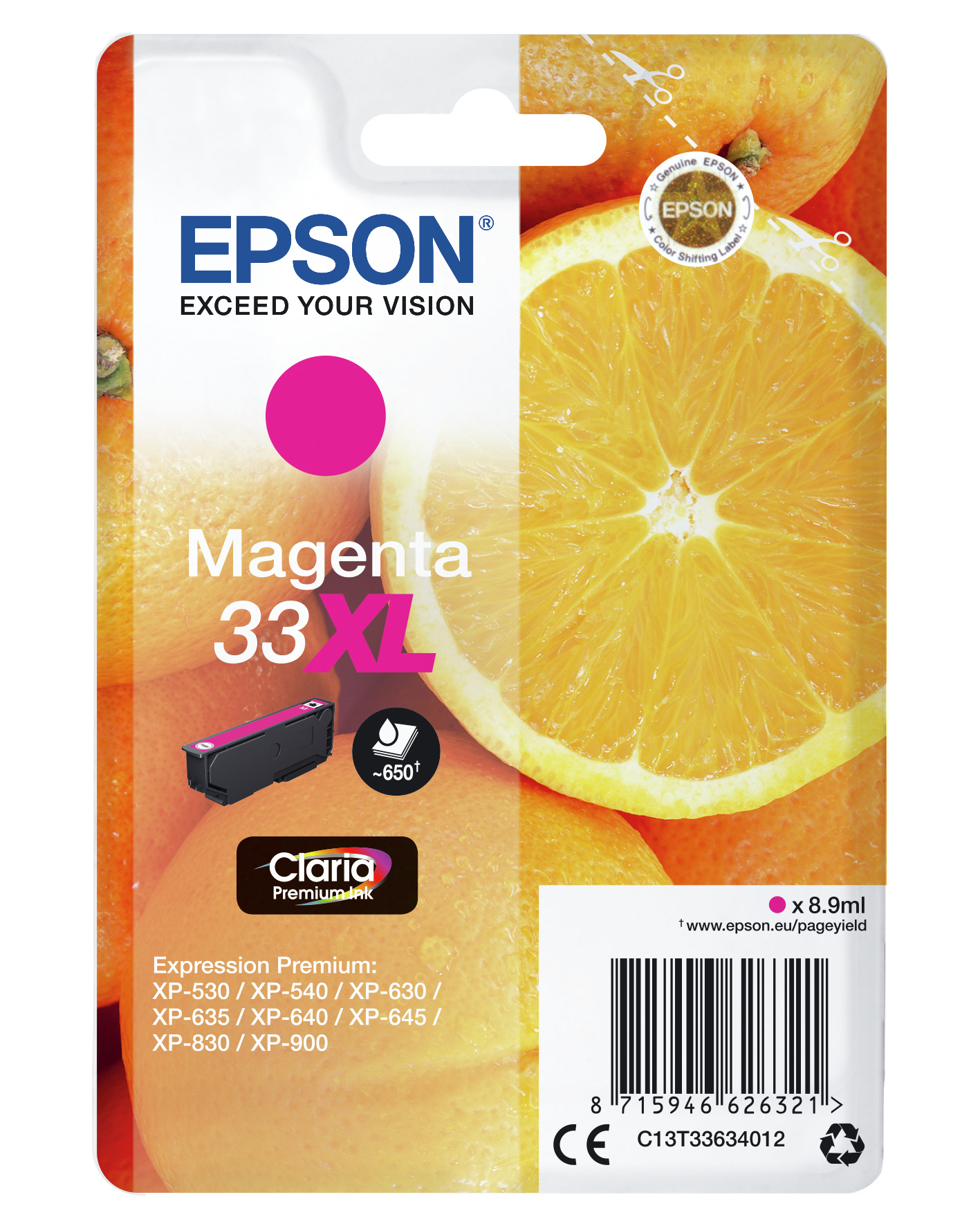 Epson Tintenpatronenverpackung mit Orangenscheiben. Die Worte lauten Magenta 33 XL.