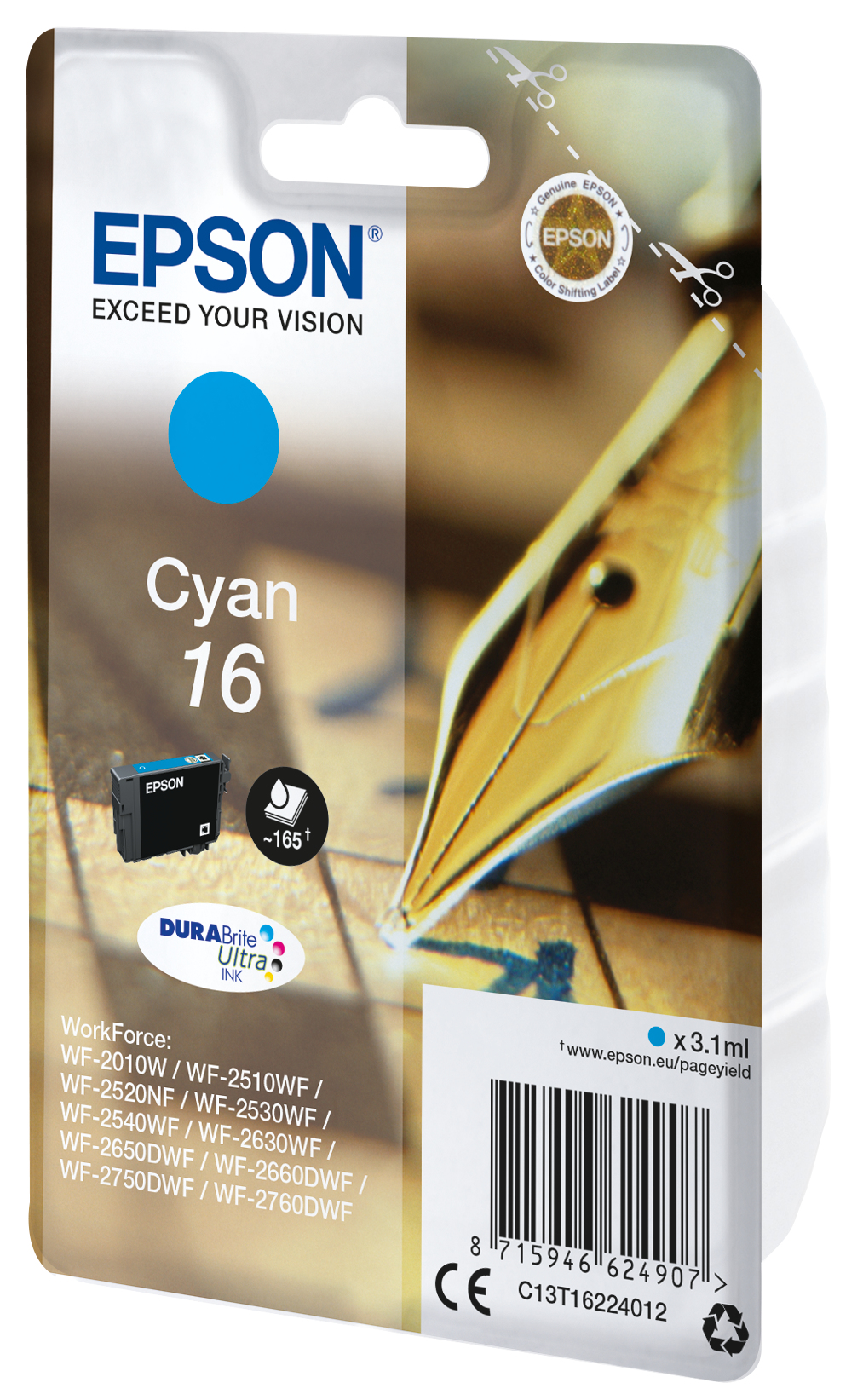 Pack de cartouches d'encre Epson avec un fond de stylo et de papier. Encre cyan.
