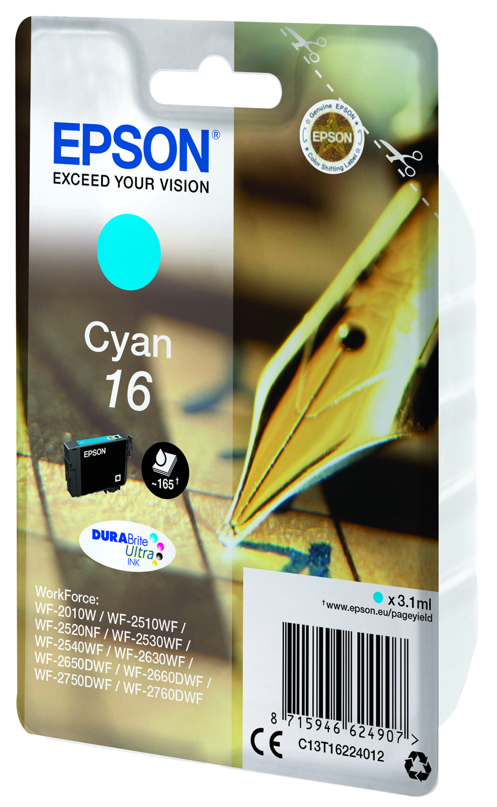 Paquete de cartuchos de tinta Epson con fondo de pluma y papel. Tinta cian en el cartucho.