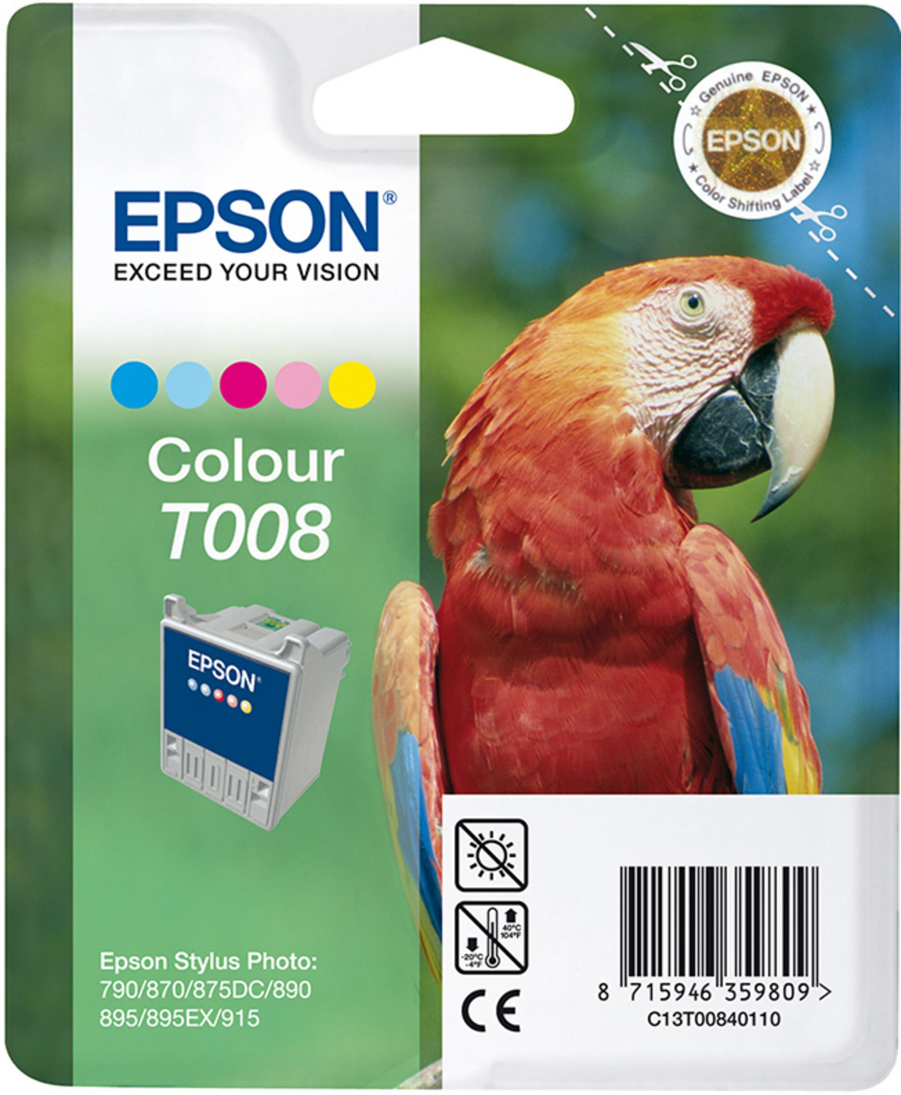 Epson Tintenpatronenpackung mit Papageienhintergrund. Farbtinte in der Patrone.