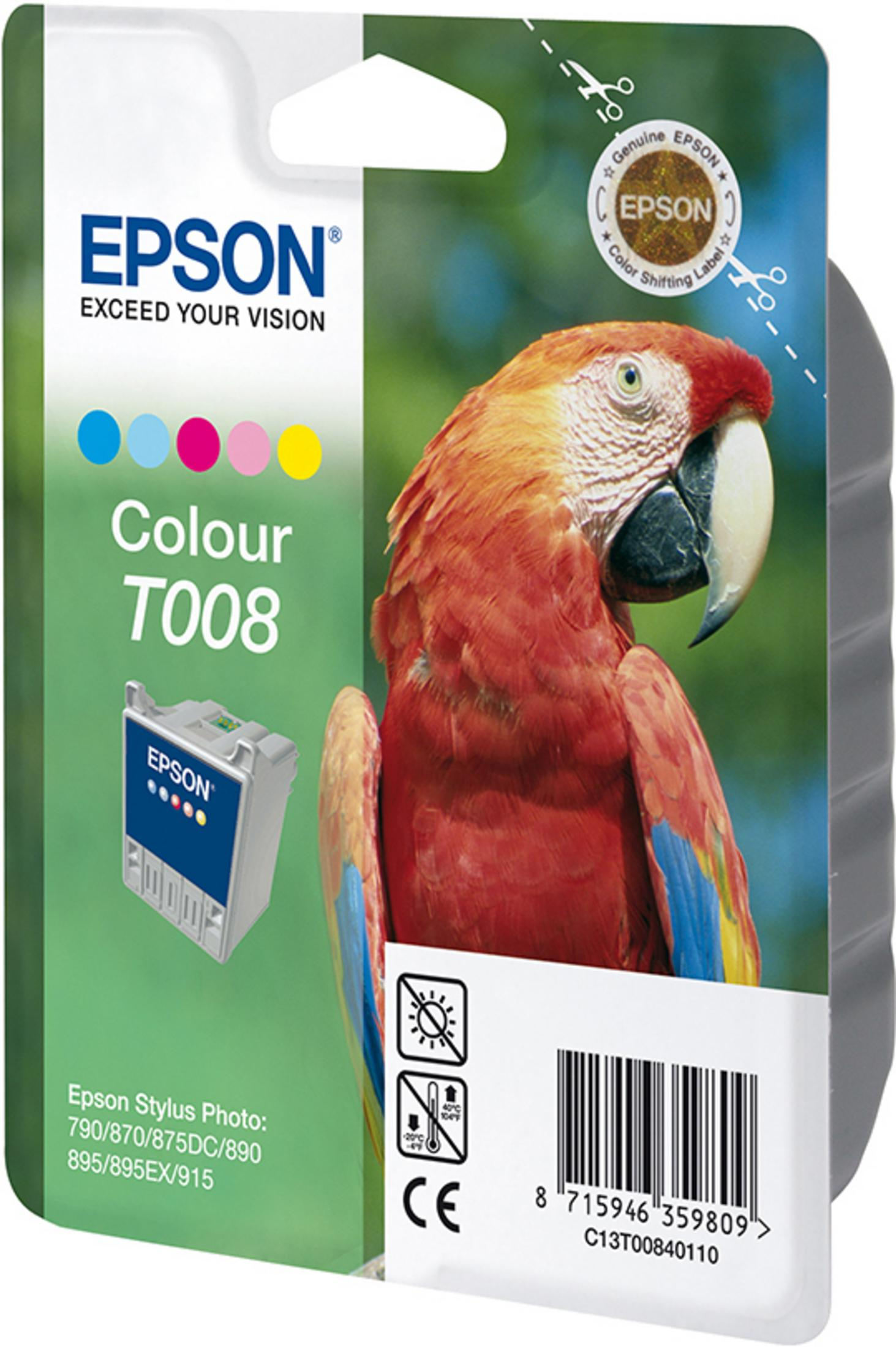 Epson Tintenpatronenpackung mit Papageienhintergrund. Farbtinte in der Patrone.