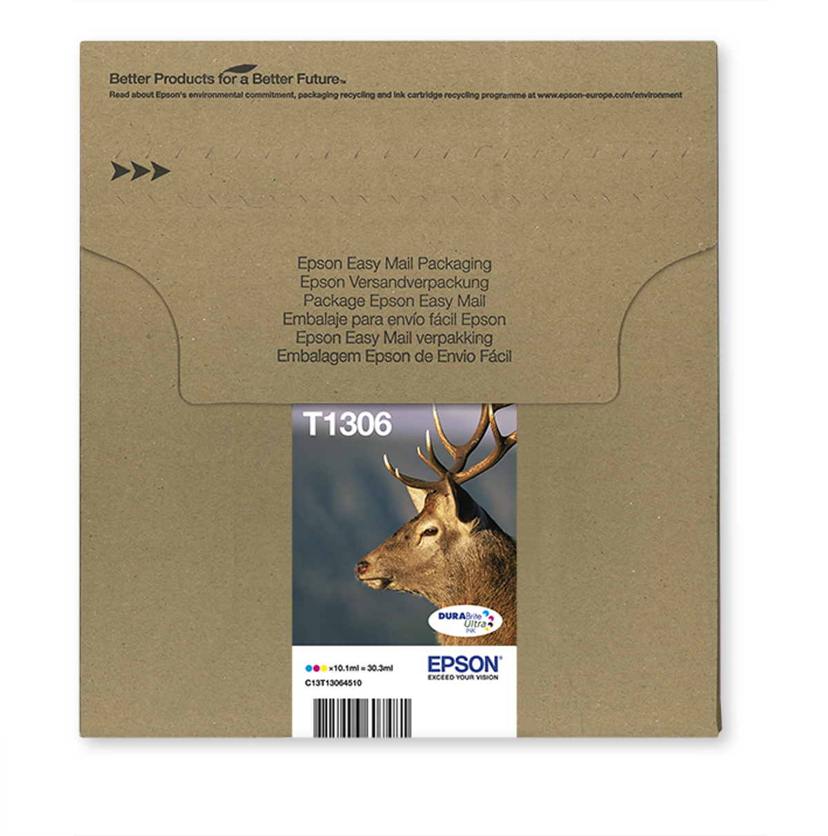Bruine Epson inktcartridge-mailer met een afbeelding van een hert. Tekst bevat T1306, Epson en productdetails.