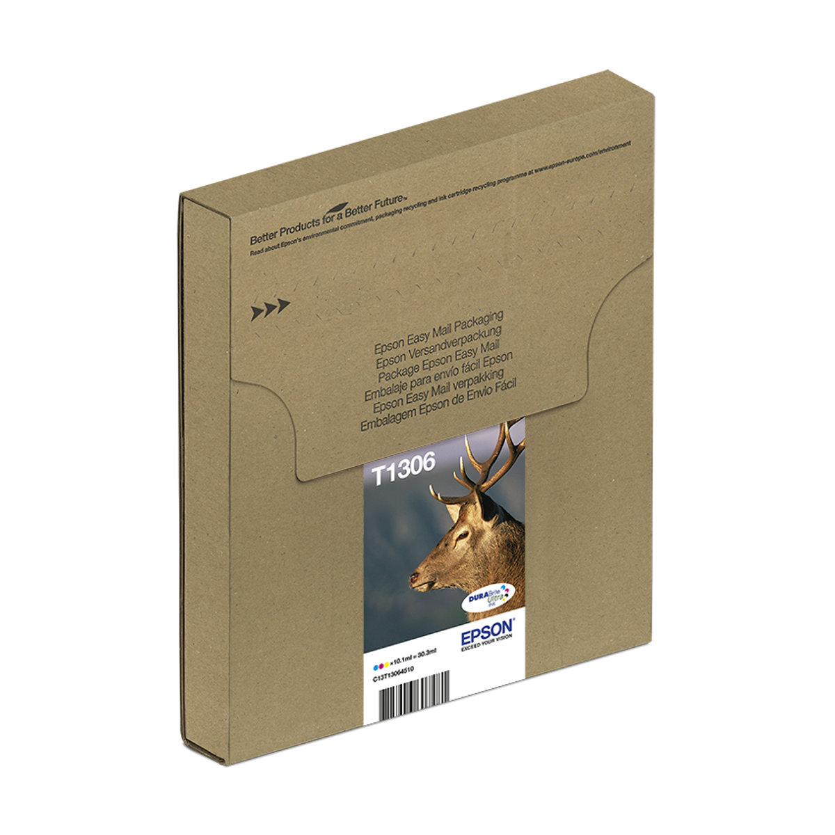 Een bruine doos met een afbeelding van een hert en tekst wordt weergegeven. Het is Epson Easy Mail Packaging.