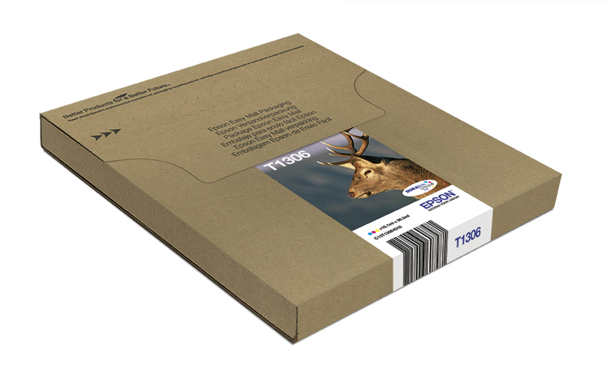 Bruine Epson inktcartridge-mailer met een vos afbeelding. Bevat T1306, Epson en productdetails.