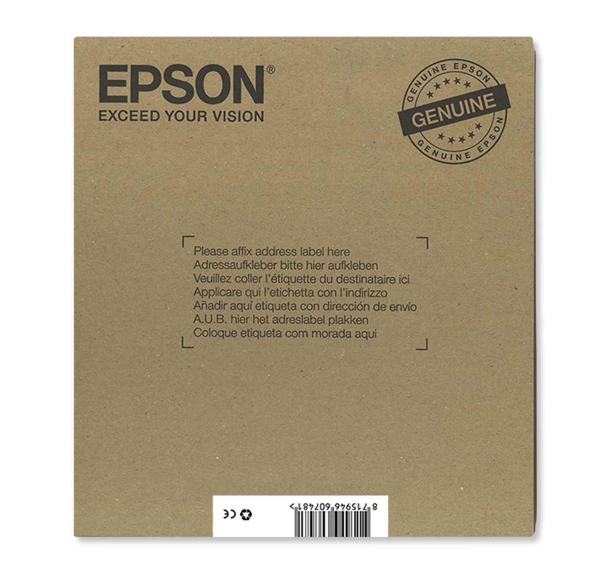 Een bruin etiket met Epson-tekst en een cirkelvormig origineel Epson-zegel en een streepjescode.