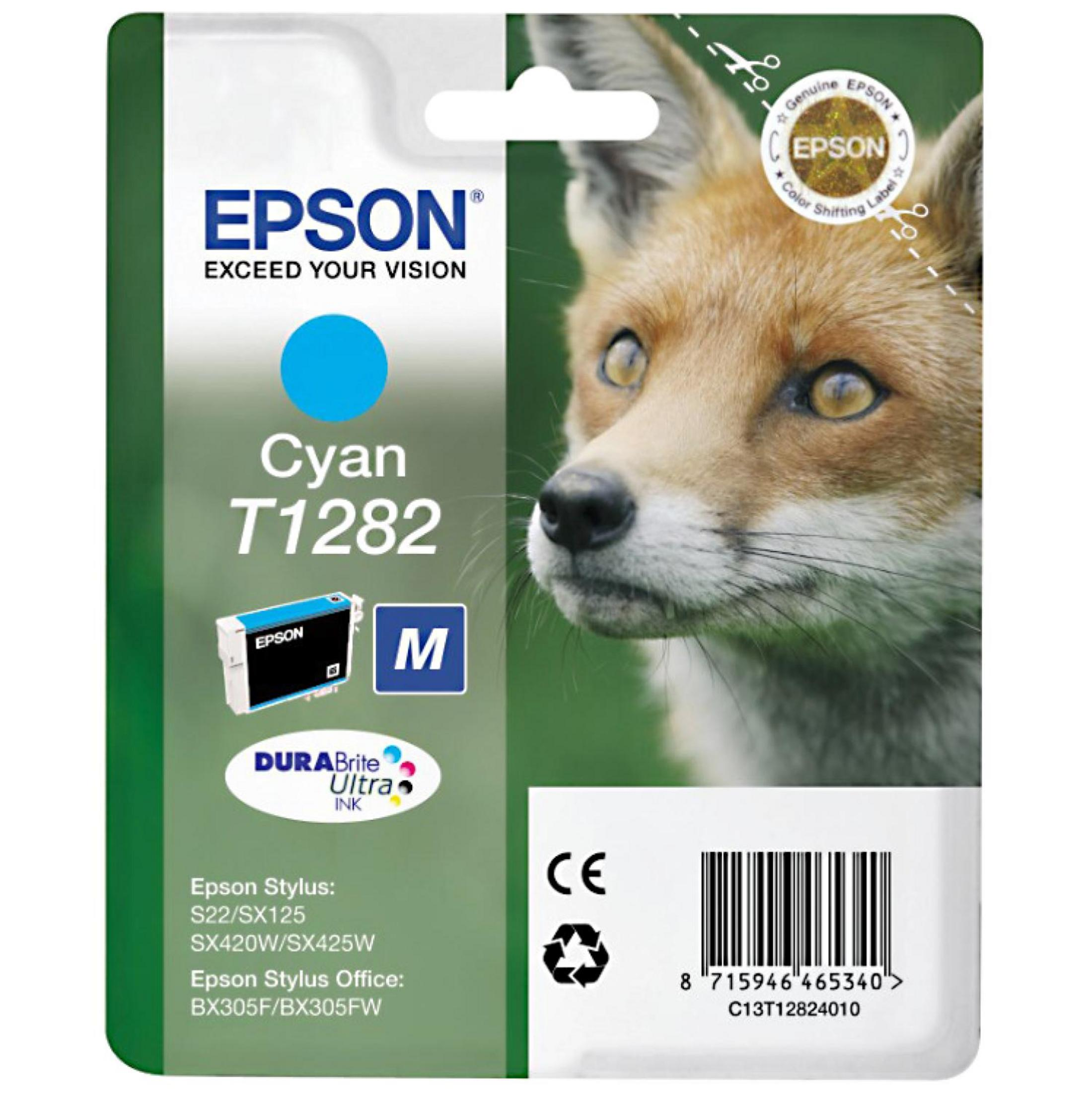 Een cyaan inktcartridge verpakking met het merk Epson. Heeft een cyaan stip en een vos.