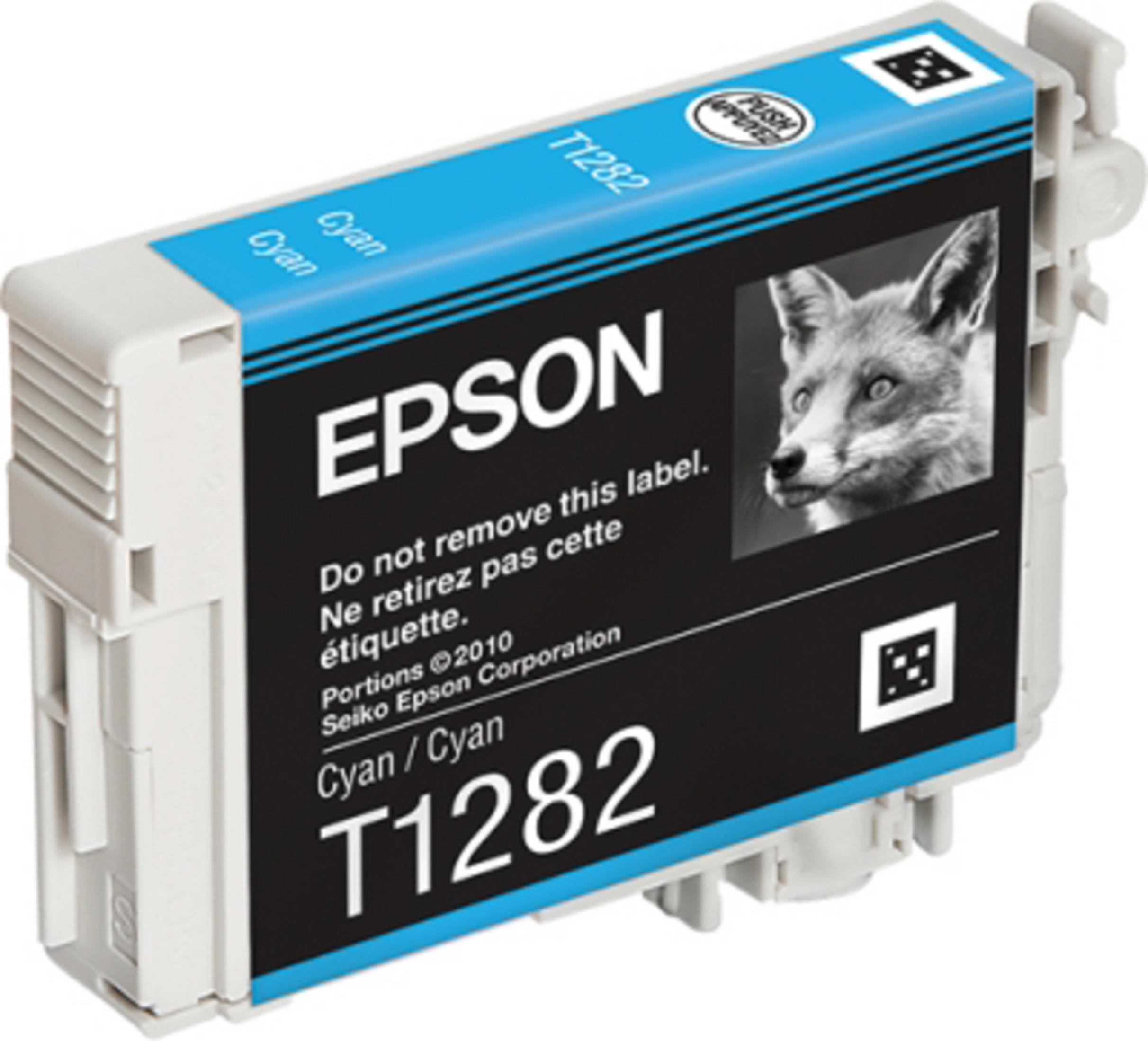 Epson cyaan inktcartridge met een vos afbeelding. Cyaan cartridge met label T1282. Blauw en wit domineren.