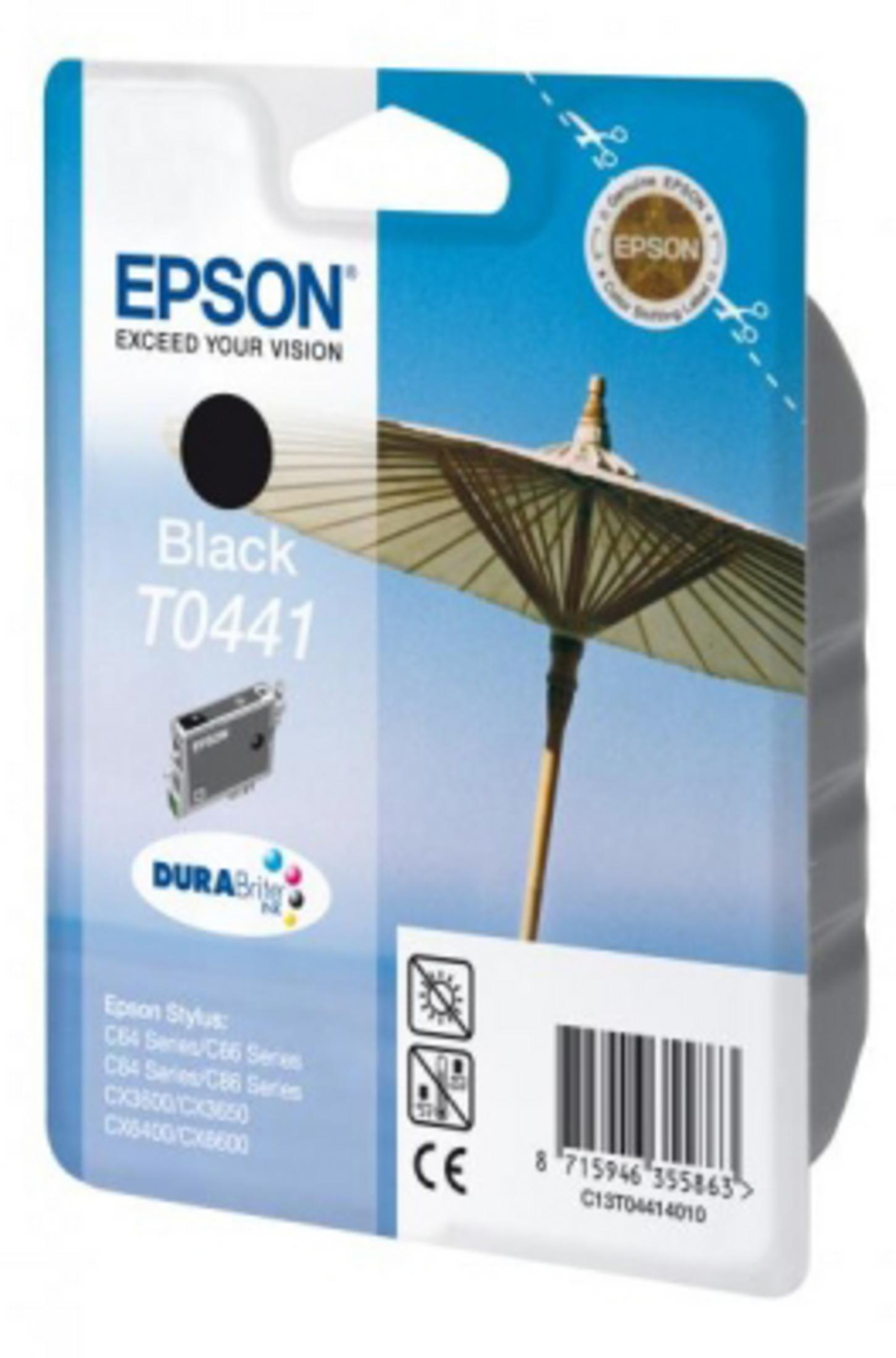 Una confezione di cartucce di inchiostro nero a marchio Epson. Ha un punto nero e un ombrellone.