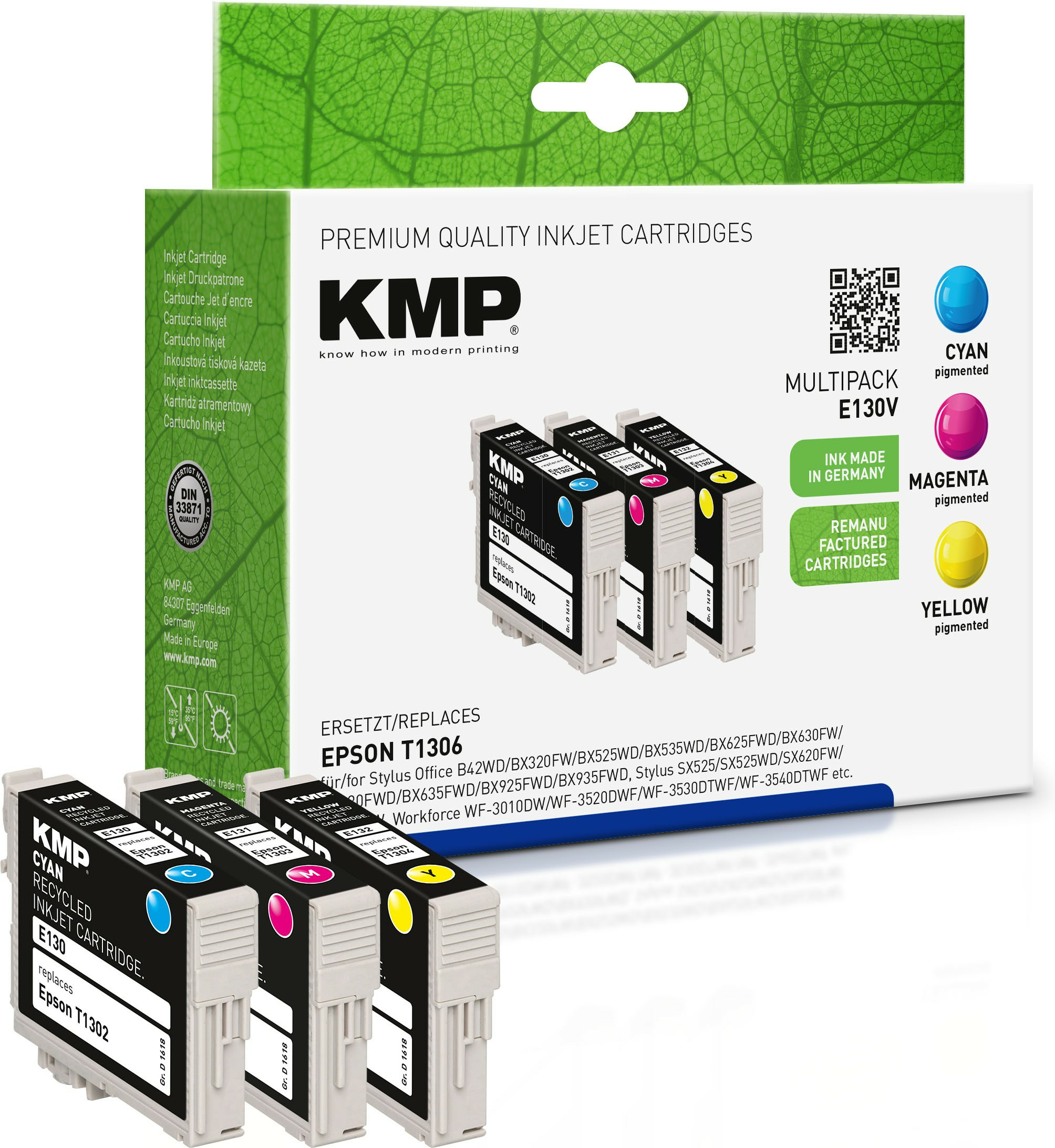 Scatola cartucce inchiostro KMP, multi-pack, ciano, magenta e giallo. Cartucce riciclate, Epson T1306.