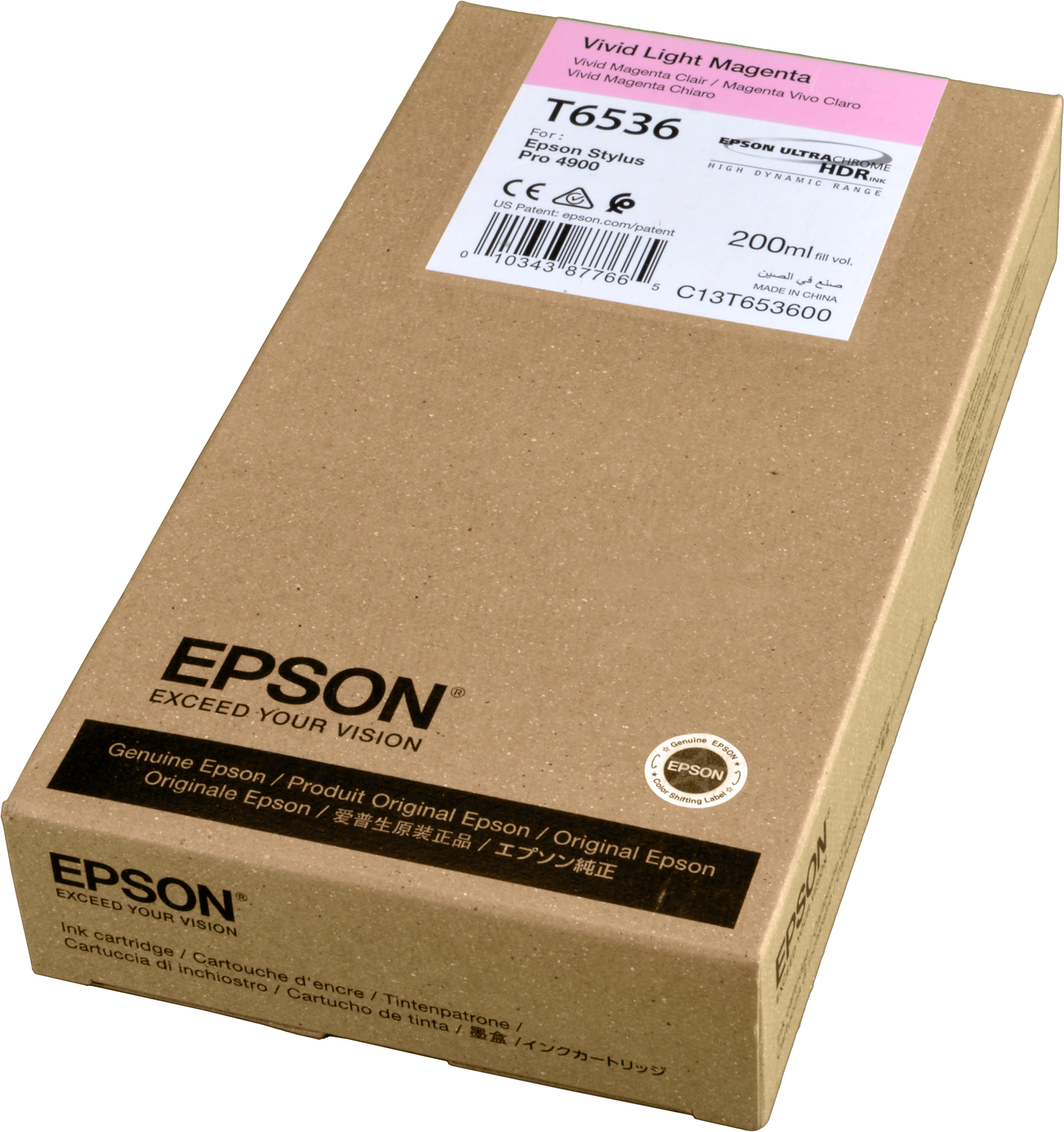 Pudełko z wkładem atramentowym Epson Vivid Light Magenta T6536, duże pudełko, logo Epson.