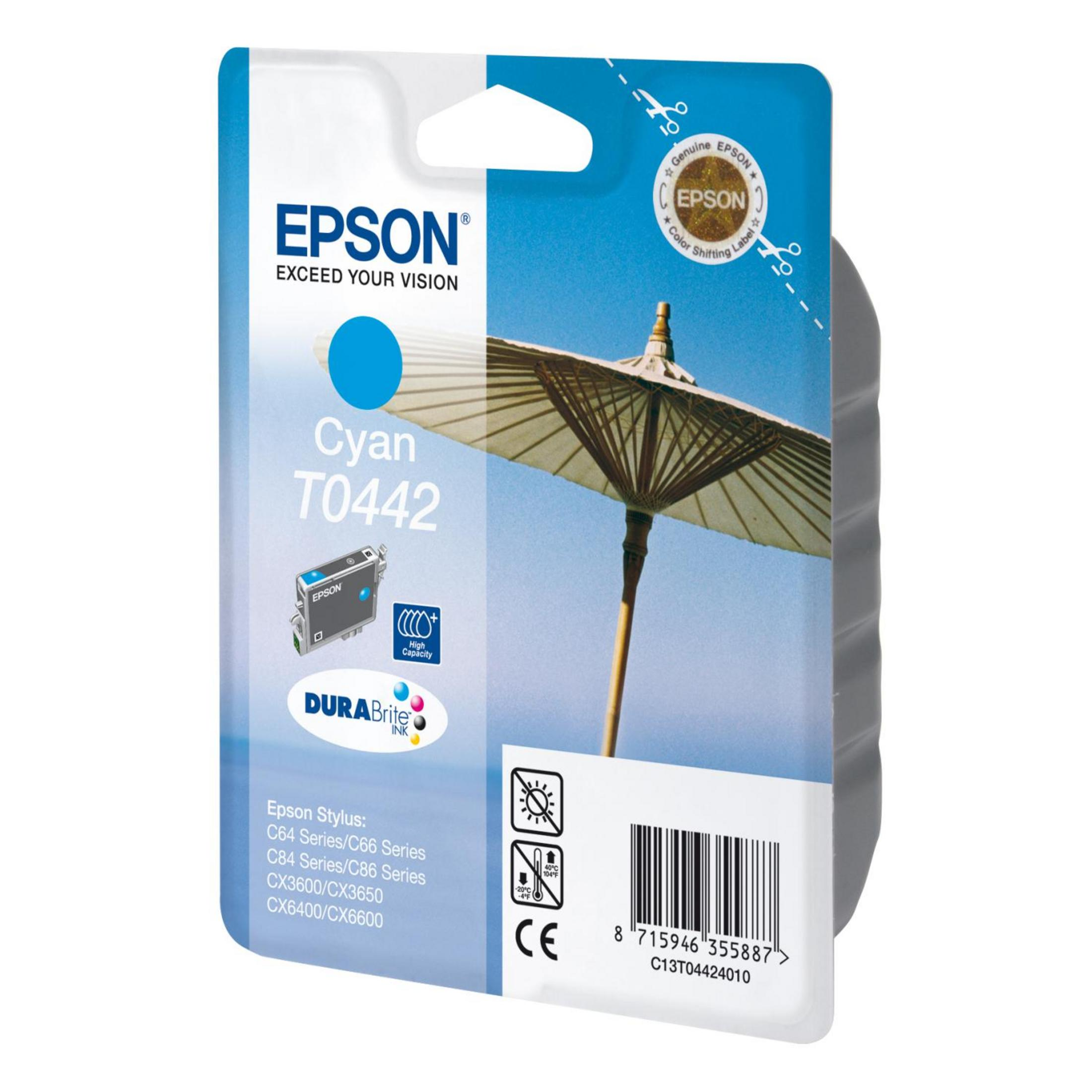Epson Cyan T0442 Tintenpatronenverpackung, blauer Himmel, Sonnenschirm, Tinte mit hoher Kapazität.