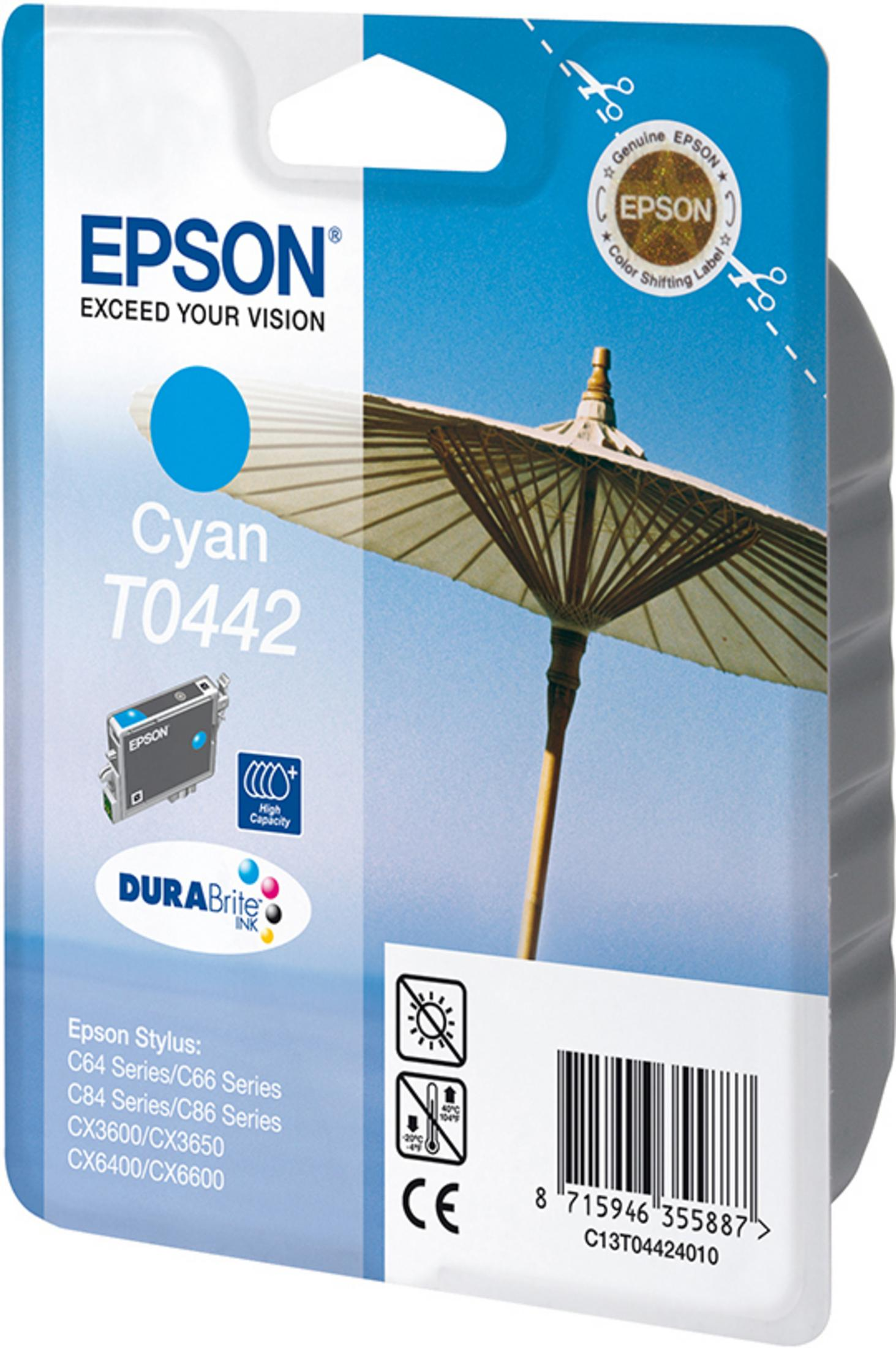 Epson Cyan T0442 Tintenpatronenverpackung, blauer Himmel, Sonnenschirm, Tinte mit hoher Kapazität.