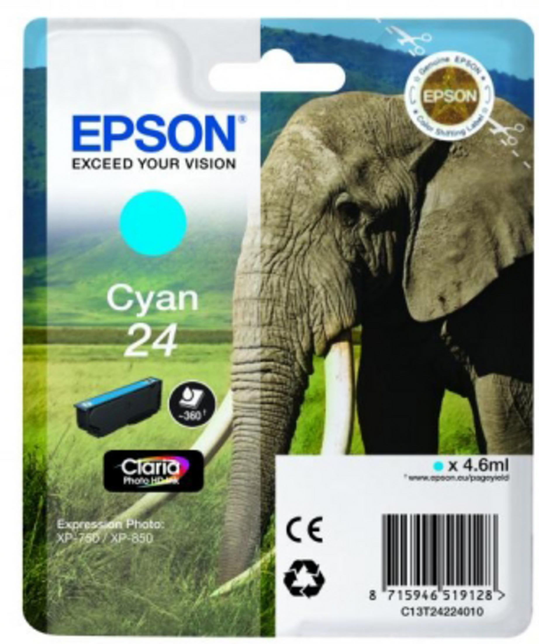 Confezione di cartucce d'inchiostro ciano con elefante, logo Epson e testo.