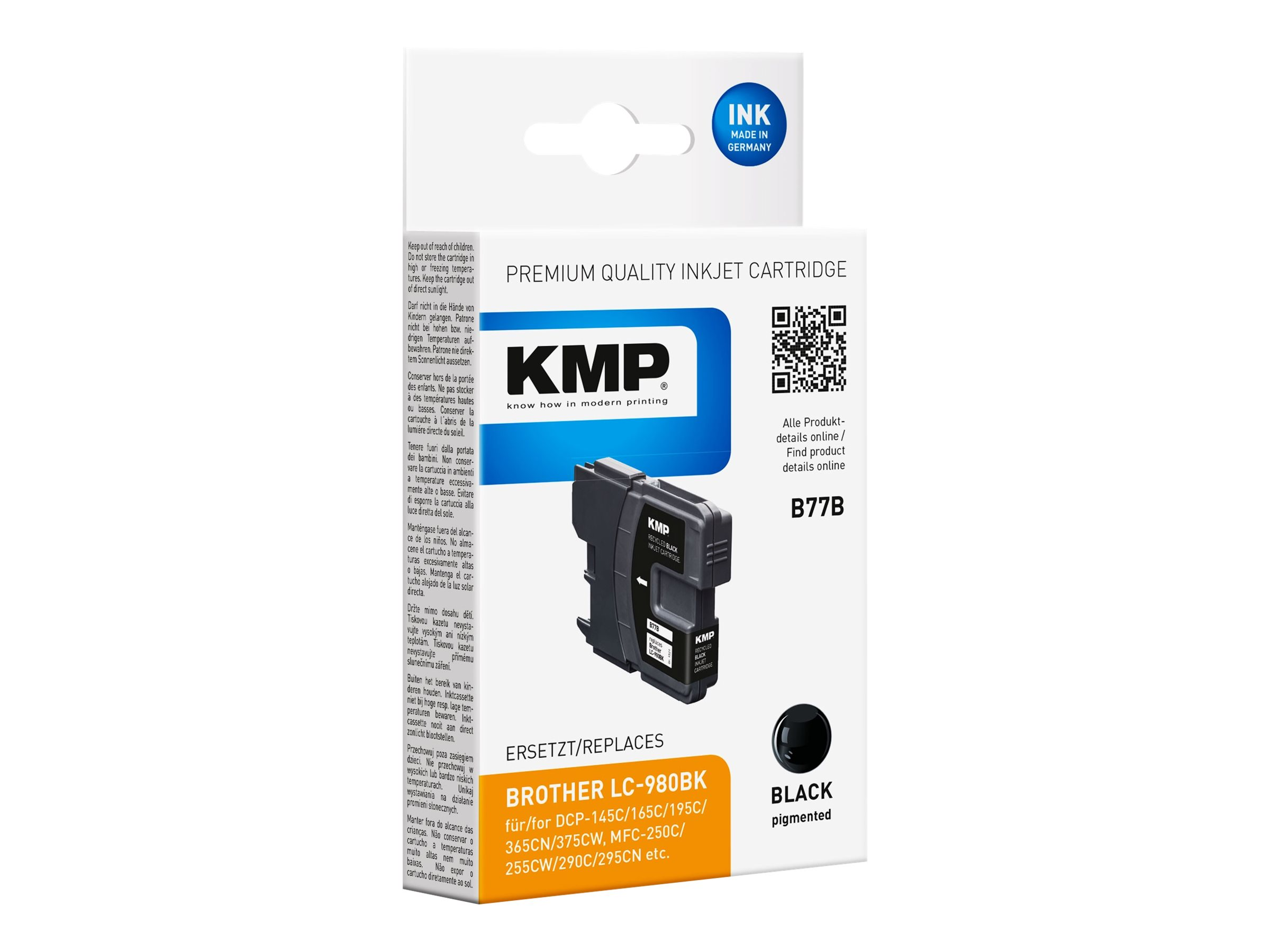Scatola di cartucce d'inchiostro con inchiostro nero. La scatola ha testo e QR code.
